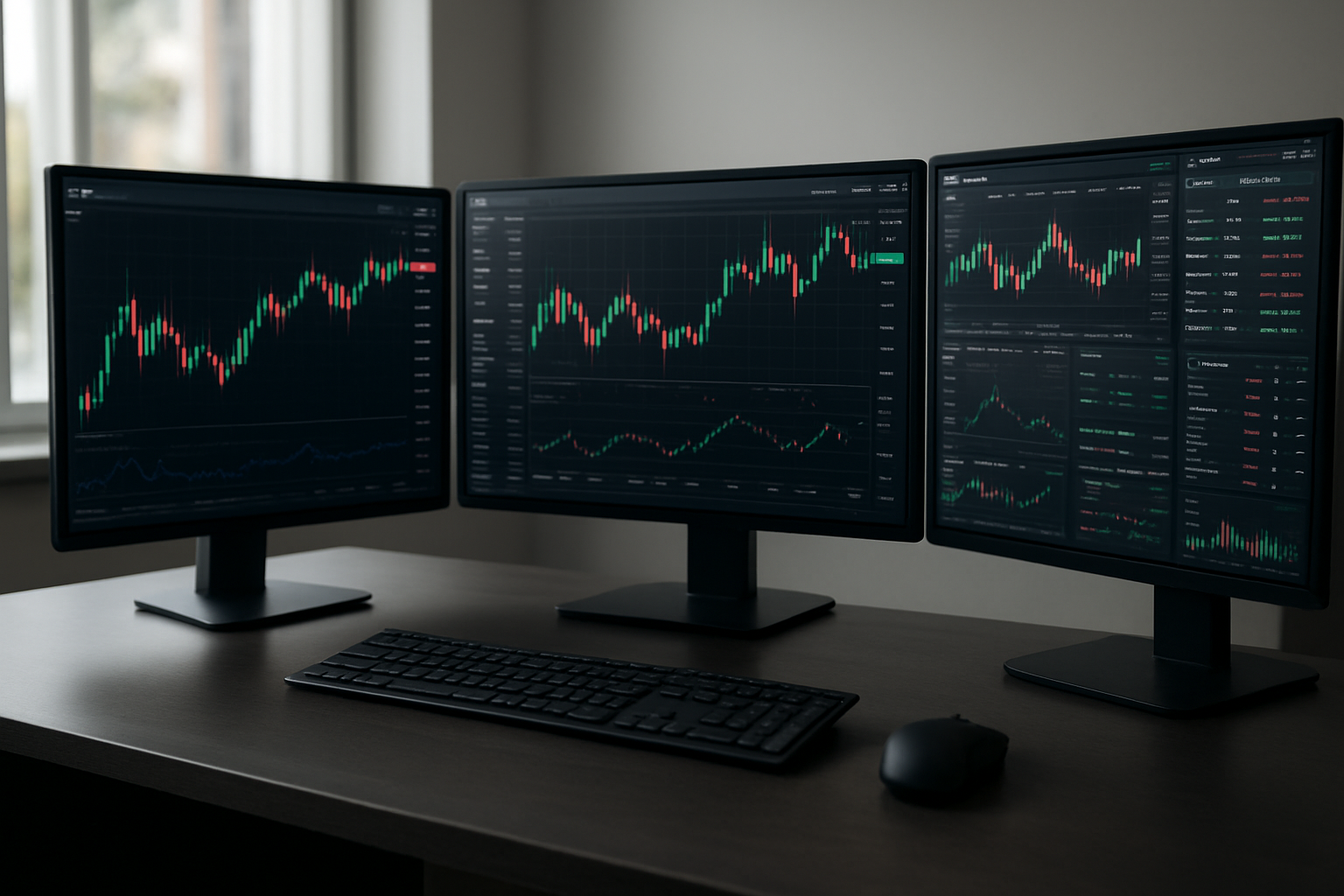 Create a realistic image of a modern computer workstation with multiple monitors displaying real-time trading charts, candlestick graphs, and market data dashboards, with a sleek black keyboard and mouse on a clean desk, surrounded by a professional office environment with soft natural lighting from a window, showing a trading bot interface with green and red price movements, buy/sell indicators, and live market feeds, conveying an atmosphere of focused financial technology work, absolutely NO text should be in the scene.