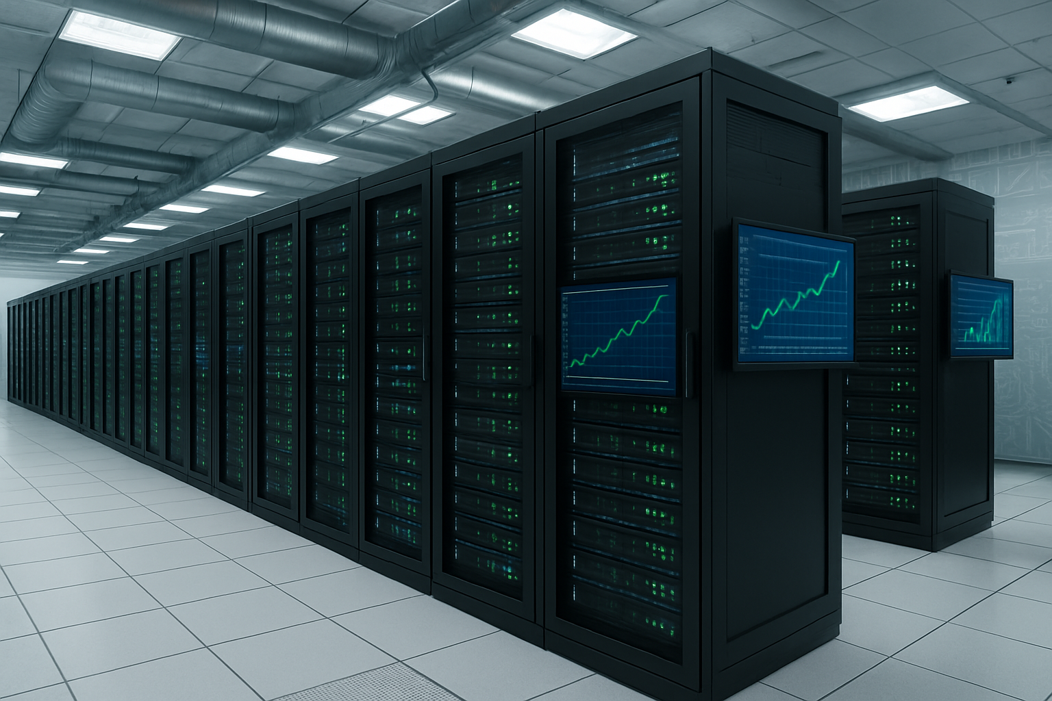 Create a realistic image of a modern data center server room with rows of black server racks displaying green and blue LED status lights, featuring performance monitoring displays showing upward trending graphs and cost optimization charts, with efficient cooling systems visible including overhead ventilation ducts, clean white floors with cable management systems, bright fluorescent lighting creating a professional atmosphere, and subtle AWS cloud infrastructure elements like circuit board patterns integrated into the background design, absolutely NO text should be in the scene.