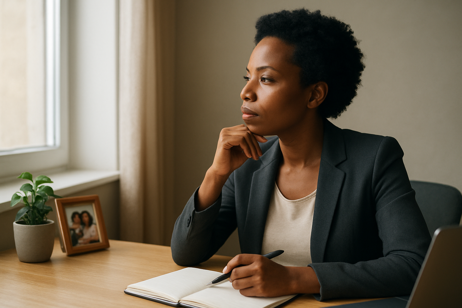 Create a realistic image of a thoughtful black female professional in her 30s sitting at a clean wooden desk with a notebook open, pen in hand, looking contemplatively out a window with soft natural lighting, surrounded by subtle symbols of different life priorities including a small framed family photo, a laptop, and a small potted plant, with a calm and focused atmosphere suggesting deep reflection and planning, shot from a slight angle to show her profile and the organized workspace, absolutely NO text should be in the scene.
