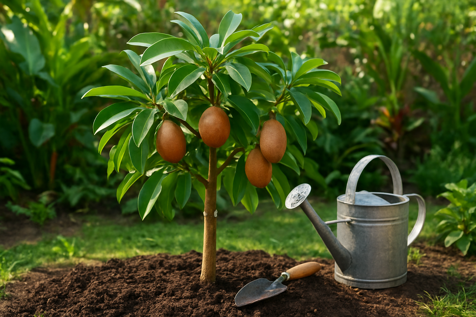 Create a realistic image of a healthy sapodilla tree growing in a home garden setting with ripe brown sapodilla fruits hanging from branches, showing lush green oval-shaped leaves, planted in rich dark soil with a wooden plant stake for support, surrounded by other tropical plants and garden tools like a watering can and small shovel nearby, set in a sunny backyard with natural lighting filtering through, conveying a successful home gardening atmosphere, absolutely NO text should be in the scene.