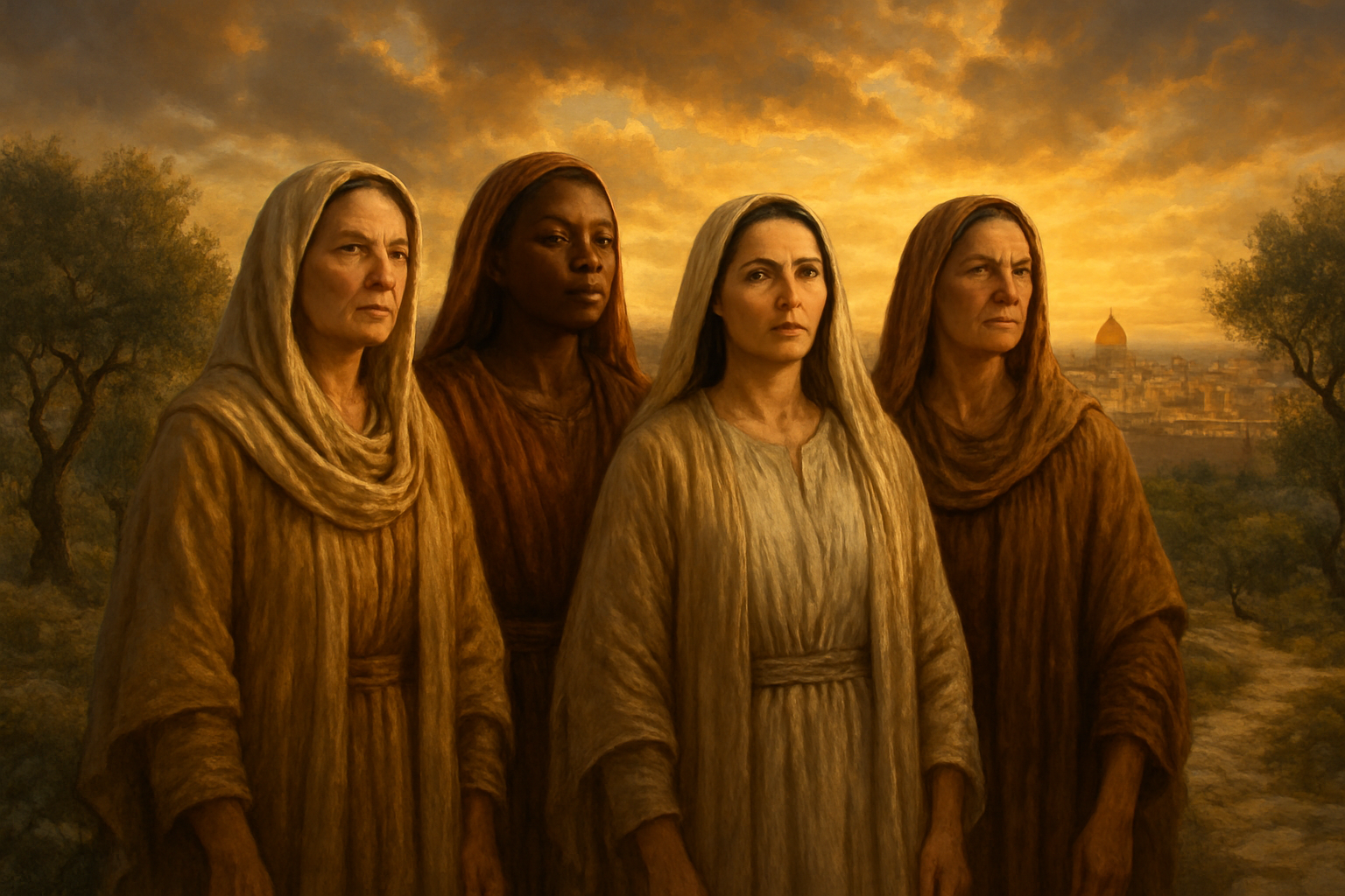 Create a realistic image of a diverse group of women of different ethnicities including white, black, and Middle Eastern females standing together in flowing biblical-era robes and head coverings, positioned on a hillside overlooking ancient Jerusalem with golden sunset lighting casting warm glows across their faces, each woman displaying expressions of strength and wisdom, with olive trees and stone pathways in the foreground, dramatic clouds in the sky suggesting divine presence, and the overall mood conveying unity, leadership, and spiritual significance. Absolutely NO text should be in the scene.