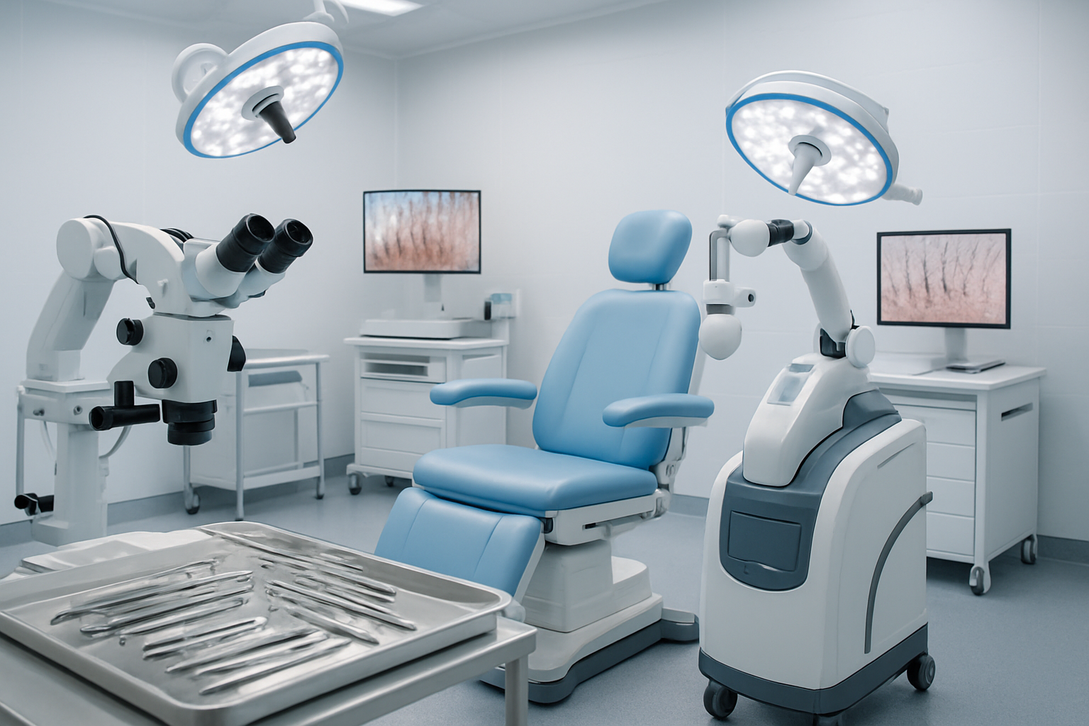 Create a realistic image of a modern medical clinic interior showcasing advanced hair transplant equipment and technology, featuring high-tech microscopes, precision surgical instruments, sterile medical tools arranged on stainless steel trays, state-of-the-art robotic hair transplant devices, LED surgical lights, comfortable patient chairs in a clean white and blue medical environment, with professional medical equipment displays and monitors showing hair follicle analysis, bright clinical lighting creating a sterile and professional atmosphere, absolutely NO text should be in the scene.