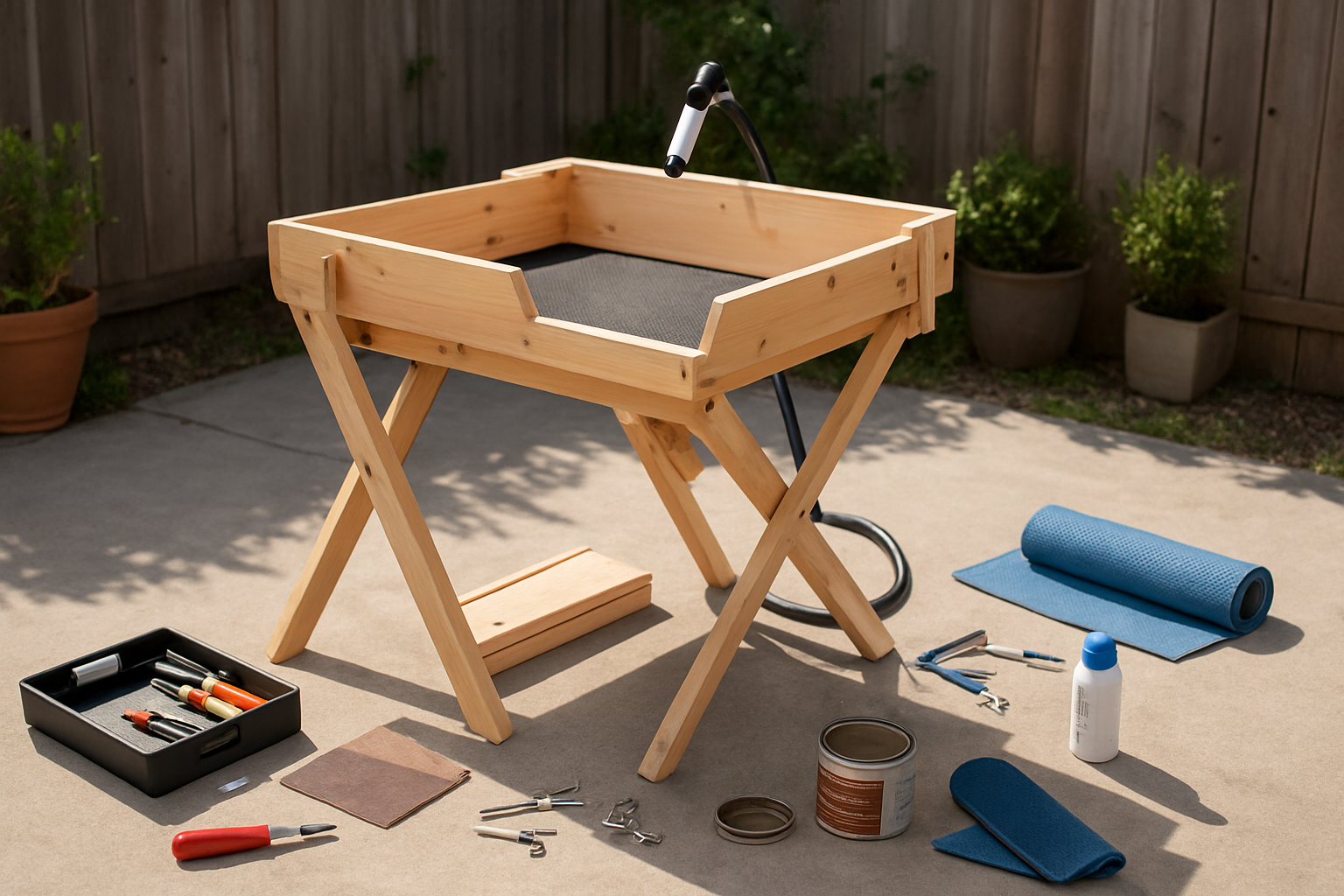 Create a realistic image of a DIY folding dog washing station in a small backyard showing maintenance and upgrade elements, featuring a compact wooden wash station with hinges and folding mechanisms, scattered around are affordable tools like screwdrivers, sandpaper, wood stain cans, replacement hardware pieces, a small toolbox, and upgrade materials such as non-slip mats, spray attachments, and weatherproofing supplies, the scene is set on a concrete patio with a small fence and some potted plants in the background, bright natural daylight illuminates the workspace creating clear shadows, the overall mood suggests practical DIY improvement and cost-conscious maintenance, absolutely NO text should be in the scene.