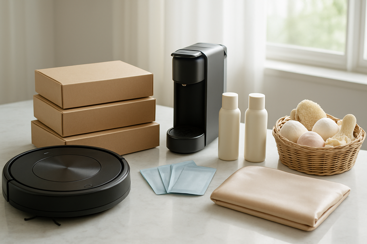 Create a realistic image of a beautifully arranged collection of time-saving self-care items for mothers including a robotic vacuum cleaner, meal delivery boxes, a coffee pod machine, dry shampoo bottles, face masks in packets, a silk pillowcase, and a spa gift basket with bath bombs, all elegantly displayed on a clean white marble countertop with soft natural lighting from a nearby window, creating a serene and organized atmosphere that conveys convenience and luxury, absolutely NO text should be in the scene.