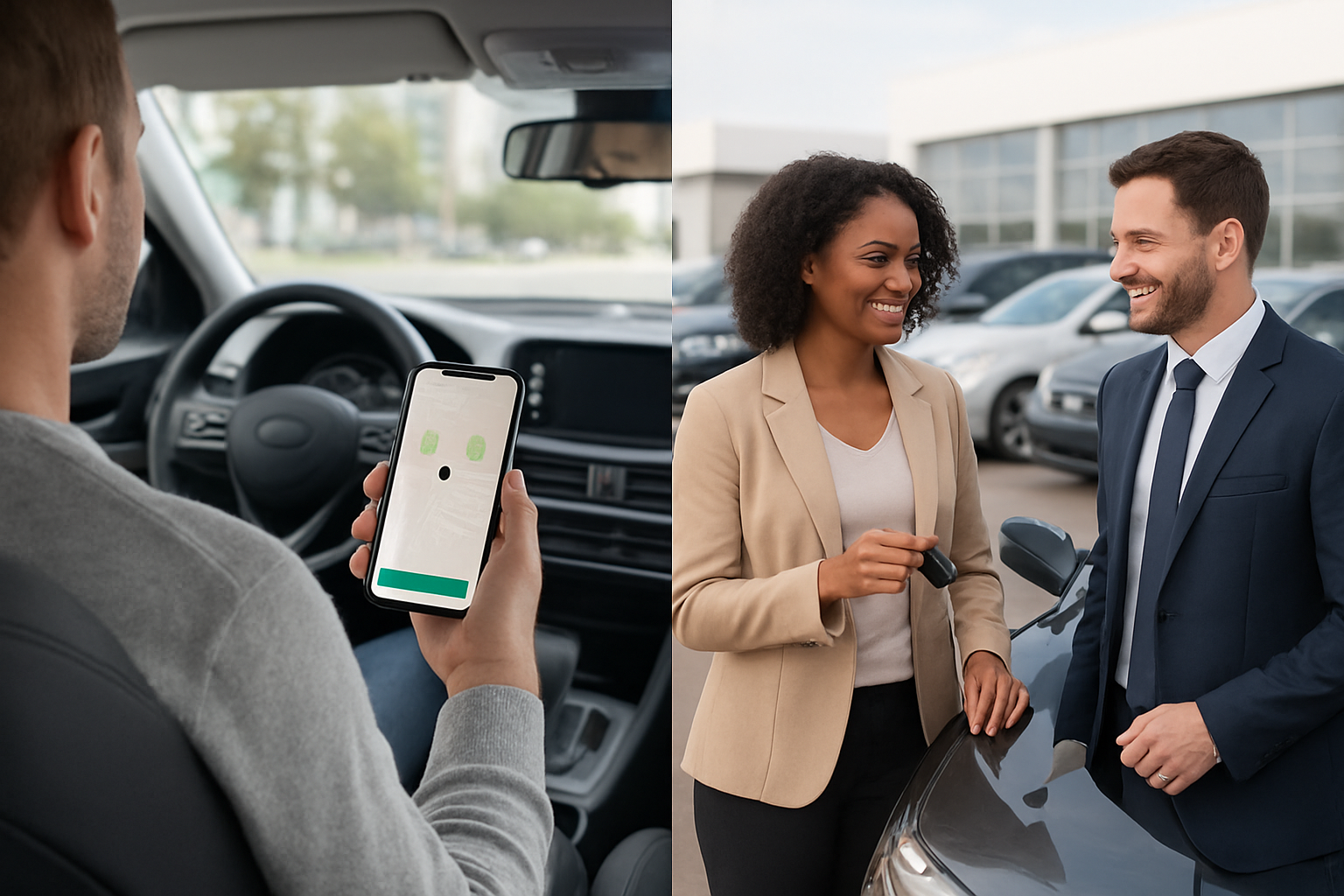 Create a realistic image of a split-screen comparison scene showing on the left side a modern rideshare vehicle with a smartphone displaying a ride-hailing app interface being held by a white male passenger in the backseat, and on the right side a traditional car dealership lot with a black female customer examining a car with keys in her hand next to a salesperson, bright daylight lighting, clean urban background, professional atmosphere conveying the contrast between subscription-based transportation and vehicle ownership, absolutely NO text should be in the scene.