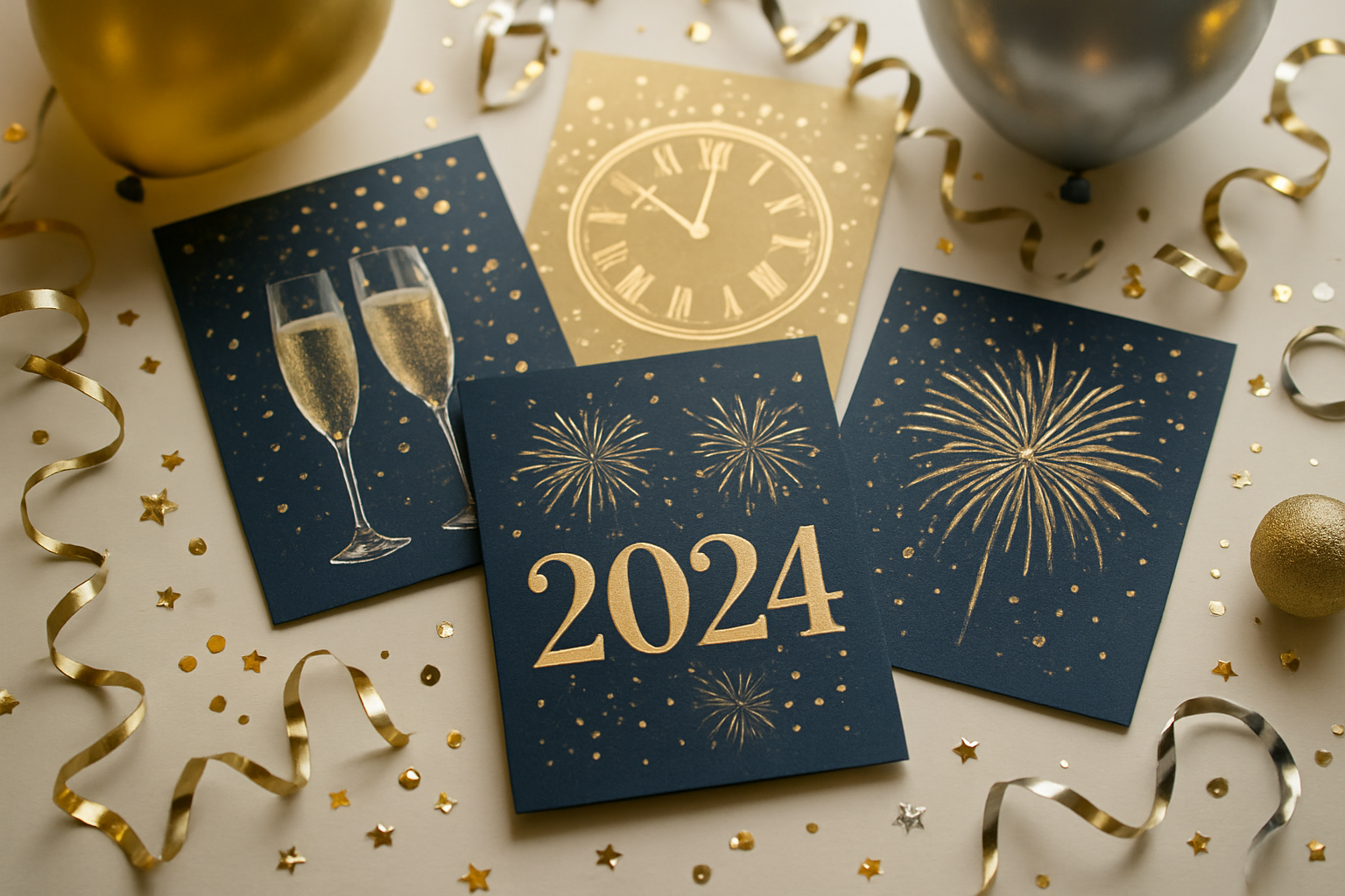 Create a realistic image of elegant New Year greeting cards arranged on a clean white surface, featuring festive designs with gold and silver accents, champagne glasses, fireworks, clocks showing midnight, confetti, and "2024" numbers, surrounded by sparkling decorations and party elements like balloons and streamers in gold, silver, and deep blue colors, with soft warm lighting creating a celebratory atmosphere, absolutely NO text should be in the scene.