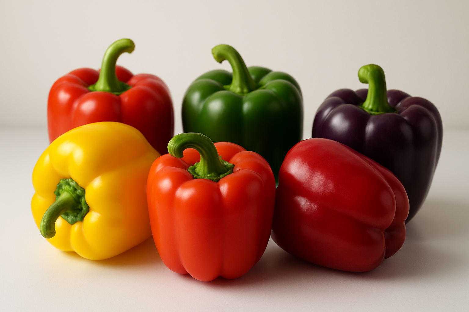 Create a realistic image of various bell peppers in different colors including red, yellow, orange, green, and purple bell peppers arranged together on a clean white surface, showing their vibrant natural colors and glossy skin texture, with soft natural lighting that highlights the peppers' smooth surfaces and creates gentle shadows, displaying the peppers from different angles to showcase their distinctive bell shape and variety, with a simple neutral background that keeps focus on the colorful vegetables, absolutely NO text should be in the scene.