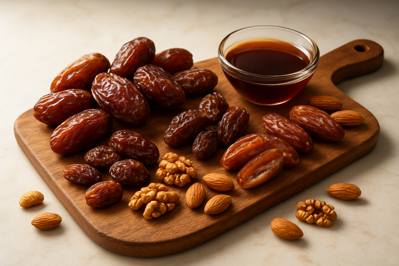 Create a realistic image of an elegant wooden serving board displaying various types of dates including fresh Medjool dates, dried dates, and pitted dates arranged artistically alongside a small glass bowl of date syrup, scattered almonds and walnuts, with soft natural lighting casting gentle shadows on a light marble surface, creating a warm and inviting atmosphere that celebrates the versatility and natural beauty of dates as both a healthy snack and culinary ingredient, absolutely NO text should be in the scene.