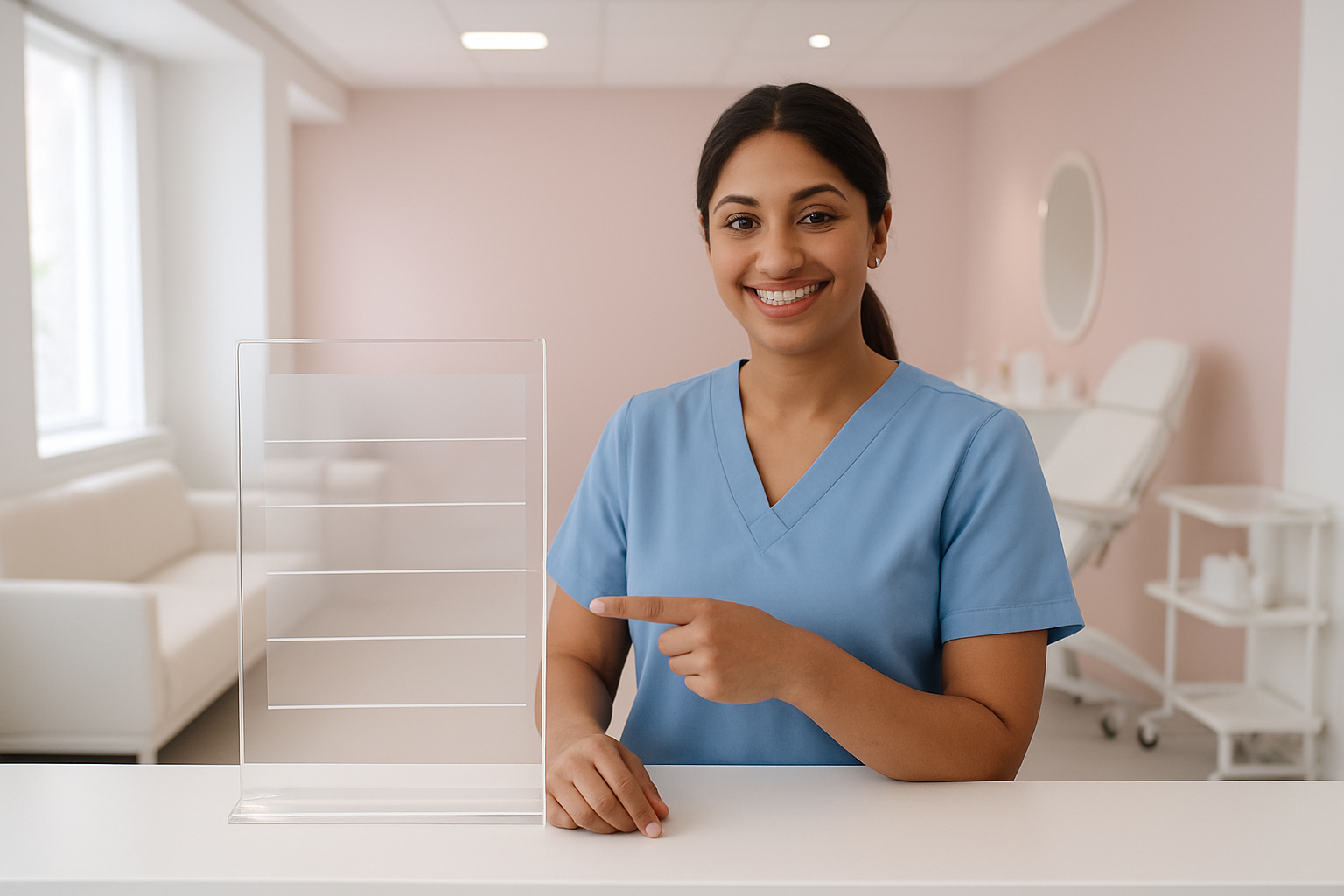 Create a realistic image of a modern aesthetic clinic reception desk with a clear glass or acrylic price display board showing various treatment costs, featuring a clean white and soft pink interior design with professional lighting, a South Asian female receptionist in medical scrubs smiling warmly while pointing to the transparent pricing information, contemporary furniture and medical equipment visible in the background, bright natural lighting creating a welcoming and trustworthy atmosphere, absolutely NO text should be in the scene.