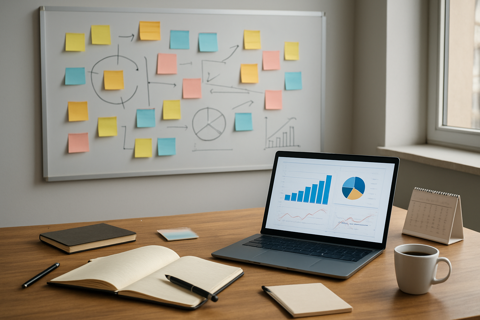 Create a realistic image of a modern office workspace with a large whiteboard or planning board displaying colorful sticky notes, arrows, and strategic diagrams for quarterly planning, a sleek laptop open on a wooden desk showing charts and graphs, scattered notebooks and pens, a coffee cup, and a calendar marking the next quarter, with soft natural lighting from a nearby window creating a focused and productive atmosphere, absolutely NO text should be in the scene.