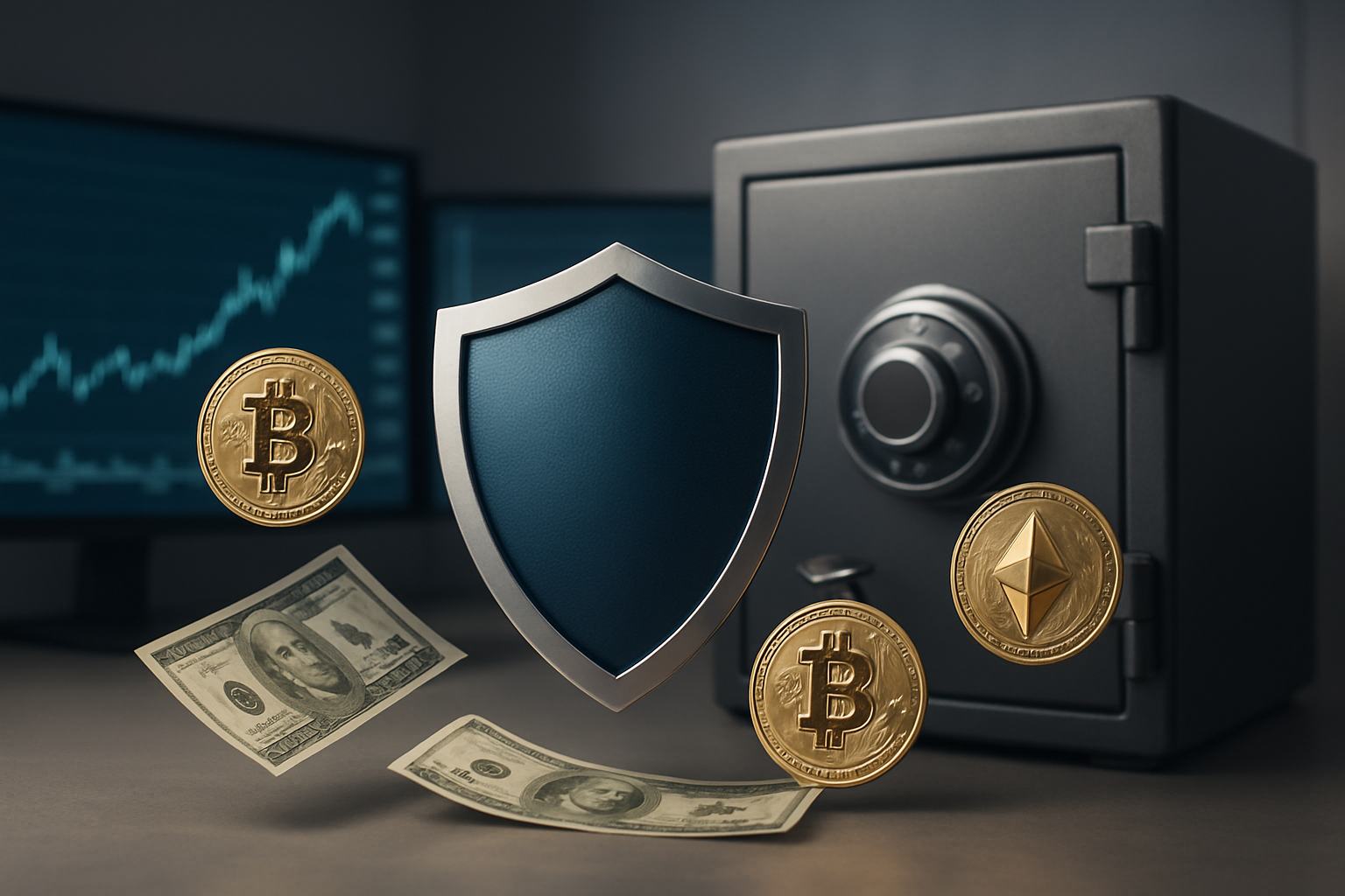 Create a realistic image of a protective shield icon surrounded by floating cryptocurrency coins (Bitcoin, Ethereum) and dollar bills, with a safety vault or secure lockbox in the background, featuring charts and graphs showing stable upward trends on computer screens, set in a modern office environment with soft professional lighting that conveys security and financial protection, absolutely NO text should be in the scene.