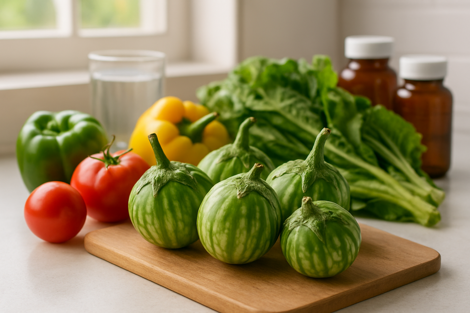 Create a realistic image of fresh garden eggs (African eggplants) arranged on a wooden cutting board alongside colorful fresh vegetables like tomatoes, bell peppers, and leafy greens, with a glass of water and vitamin supplement bottles subtly placed in the background, all set on a clean kitchen counter with natural daylight streaming through a window, creating a healthy and nutritious atmosphere that emphasizes wellness and dietary benefits, absolutely NO text should be in the scene.