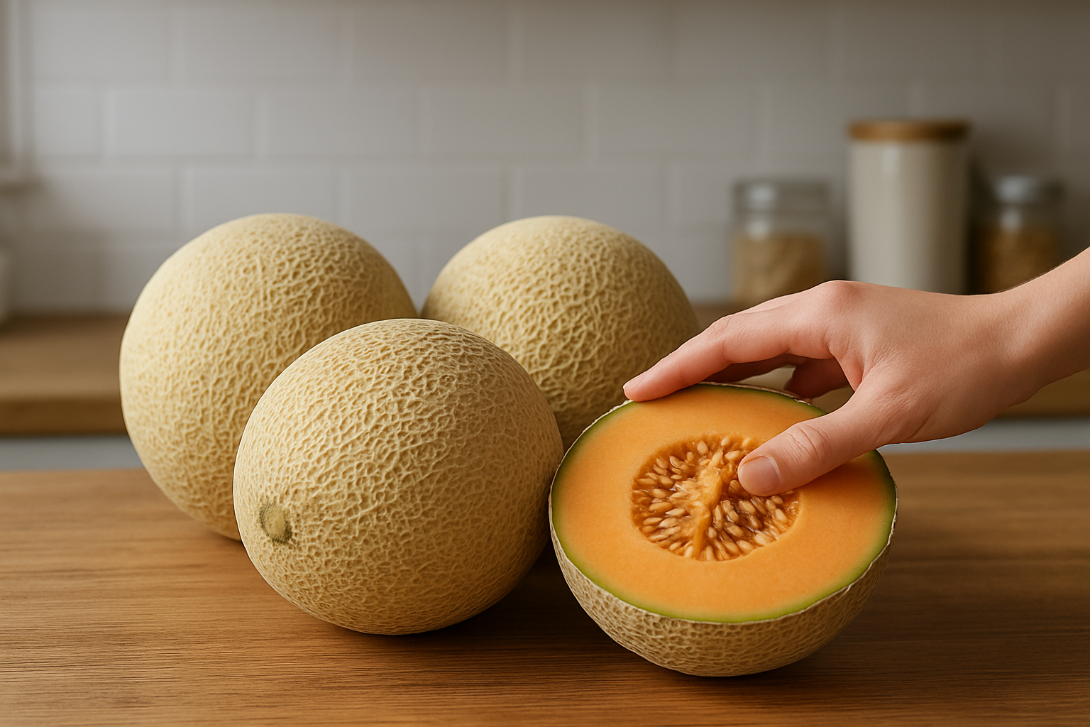 Create a realistic image of fresh whole cantaloupes with their characteristic netted skin texture displayed on a wooden kitchen counter, alongside a halved cantaloupe showing the orange flesh and seed cavity, with a white female hand gently pressing the blossom end of one melon to test ripeness, soft natural kitchen lighting illuminating the scene, clean modern kitchen background with subtle produce storage containers visible, warm and inviting atmosphere suggesting careful fruit selection process, absolutely NO text should be in the scene.