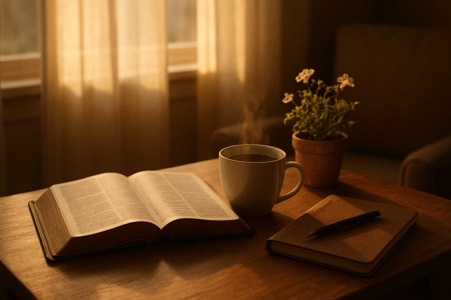 Create a realistic image of a peaceful indoor setting with an open Bible placed on a wooden table next to a steaming cup of coffee, a small potted plant with delicate flowers, and a soft journal with a pen resting beside it, all arranged near a window with natural morning sunlight streaming through sheer curtains, creating a warm and serene atmosphere perfect for devotional reading and reflection, with soft golden lighting and a cozy background featuring comfortable seating, absolutely NO text should be in the scene.