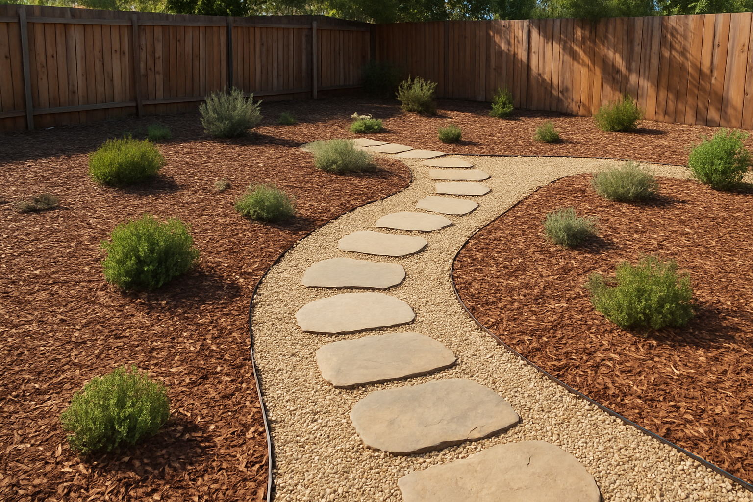 Create a realistic image of a well-maintained dog yard with a winding stepping stone pathway made of natural flat stones leading through the space, surrounded by drought-resistant landscaping including gravel, wood chips, and small shrubs, with a wooden fence in the background, bright daylight illuminating the scene, showing a practical and budget-friendly grassless yard design that provides easy navigation for both dogs and owners, absolutely NO text should be in the scene.