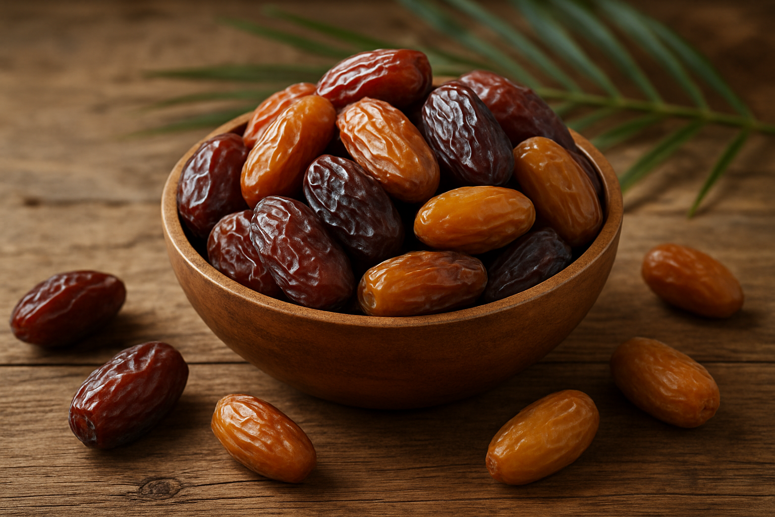 Create a realistic image of an elegant wooden bowl filled with various types of fresh dates including Medjool, Deglet Noor, and Zahidi varieties, artfully arranged on a rustic wooden table surface with scattered individual dates around the bowl, soft natural lighting from the side creating gentle shadows, warm earthy tones throughout the scene, a few date palm leaves delicately placed in the background for context, creating a wholesome and inviting atmosphere that represents the comprehensive knowledge and benefits of dates, absolutely NO text should be in the scene.