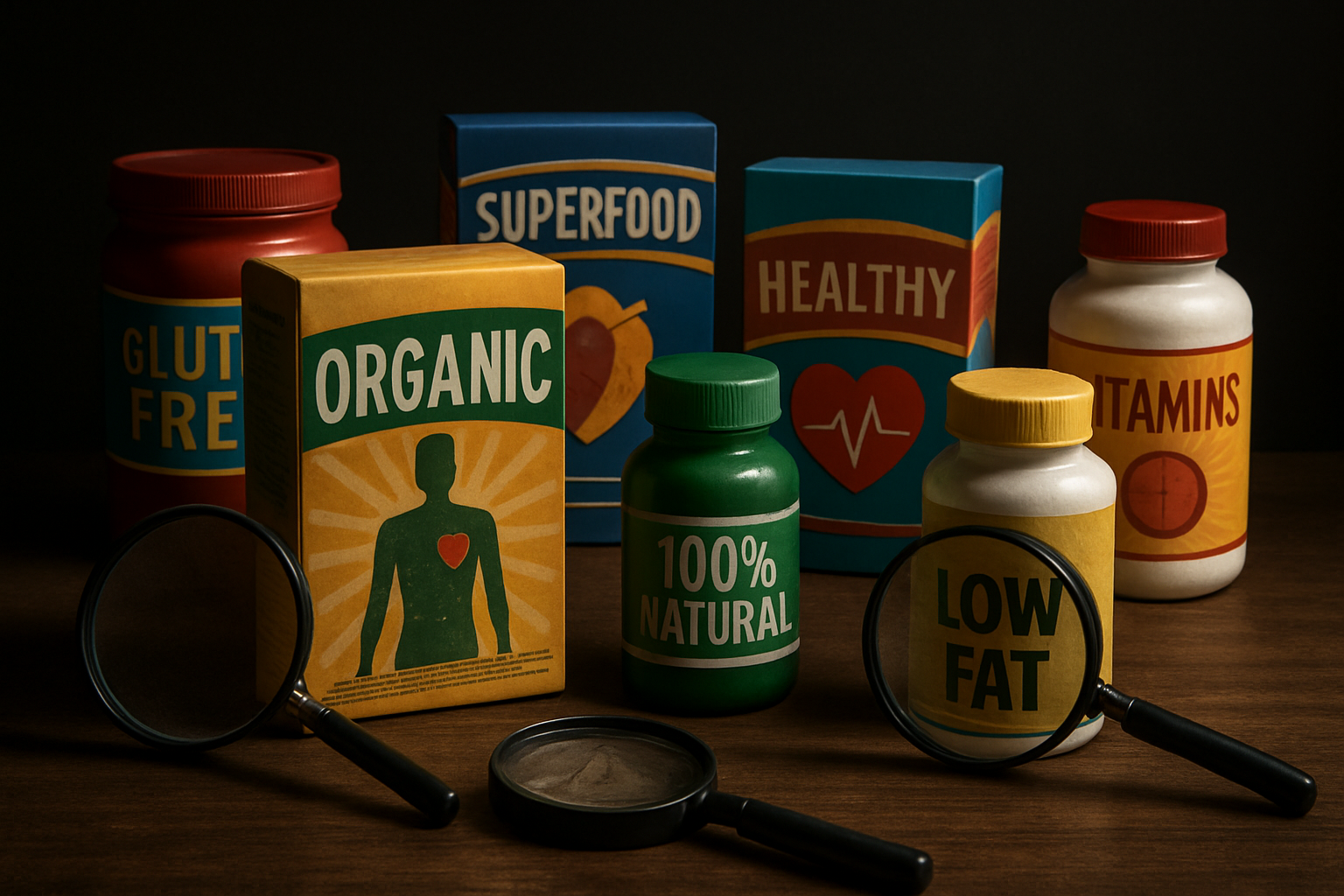 Create a realistic image of deceptive health food packaging and marketing materials spread across a wooden table, featuring colorful product boxes, bottles, and containers with exaggerated health claims and misleading labels, surrounded by magnifying glasses revealing fine print and warning symbols, with dramatic side lighting casting shadows that emphasize the contrast between attractive marketing facades and hidden truths, creating a mood of skepticism and investigation. Absolutely NO text should be in the scene.