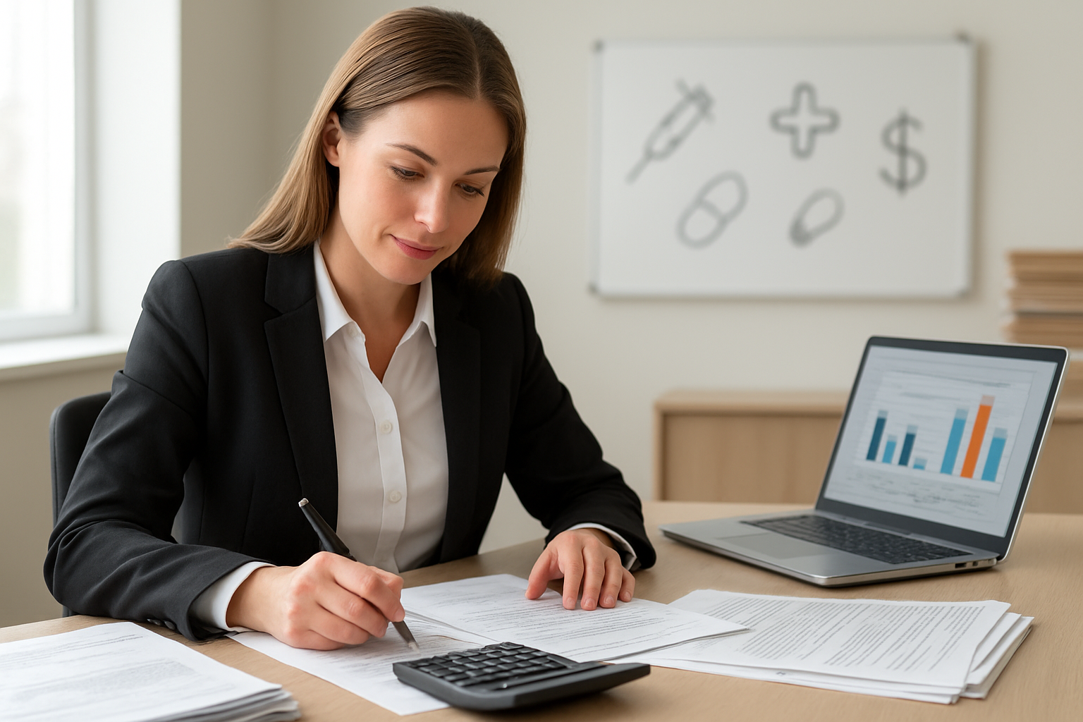 Create a realistic image of a white female financial advisor in professional attire sitting at a modern desk with a calculator, medical bills, insurance documents, and a laptop showing healthcare cost comparison charts, with a clean office environment featuring soft natural lighting from a window, stacks of organized paperwork, a pen in her hand as she reviews documents, and a subtle background showing medical symbols and dollar signs on a whiteboard, conveying a helpful and professional atmosphere for healthcare financial planning, absolutely NO text should be in the scene.