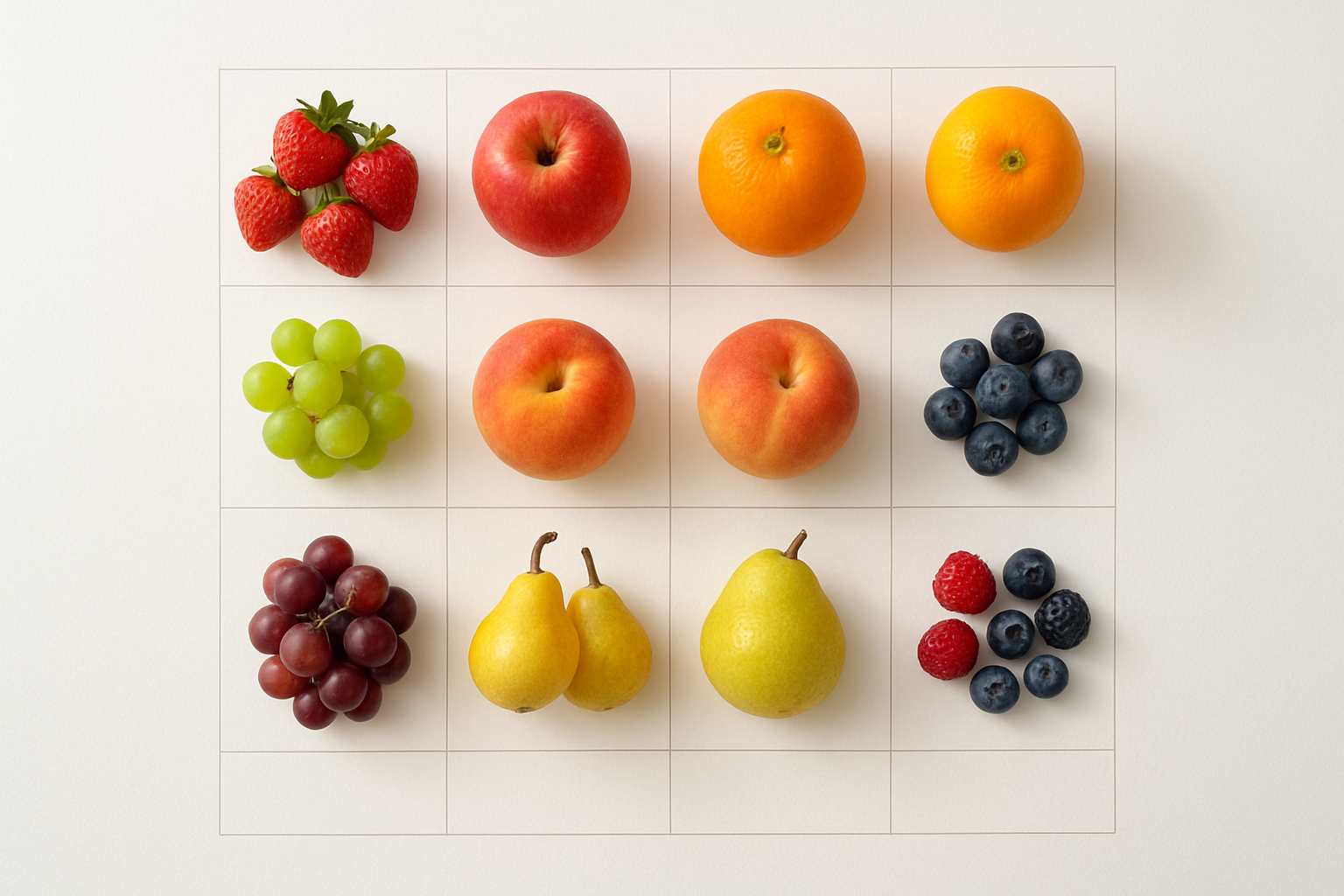 Create a realistic image of a colorful monthly calendar layout showing different seasonal fruits arranged by month, with fresh fruits like strawberries, apples, oranges, grapes, peaches, and berries organized in a grid pattern representing different months of the year, set against a clean white background with soft natural lighting, perfect for shopping planning reference, absolutely NO text should be in the scene.