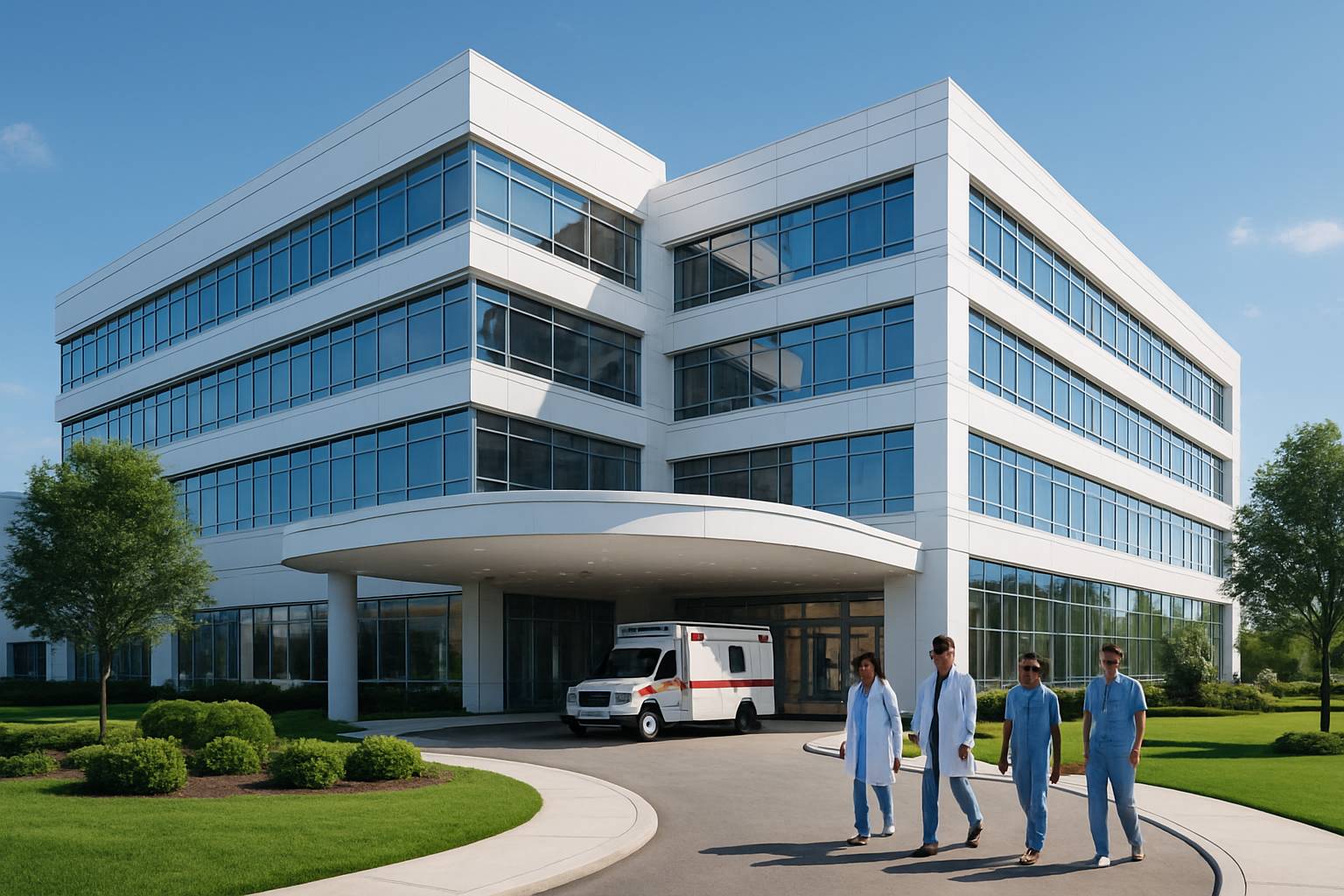 Create a realistic image of a modern, luxurious private hospital exterior with a pristine white and glass facade, featuring multiple stories with large windows, a circular driveway with an elegant ambulance bay, well-manicured landscaping with green lawns and decorative trees, a clear blue sky background, professional architectural lighting highlighting the building's premium design, with a few white medical professionals (mixed race and gender) in scrubs walking near the entrance, conveying excellence and top-tier healthcare quality. Absolutely NO text should be in the scene.