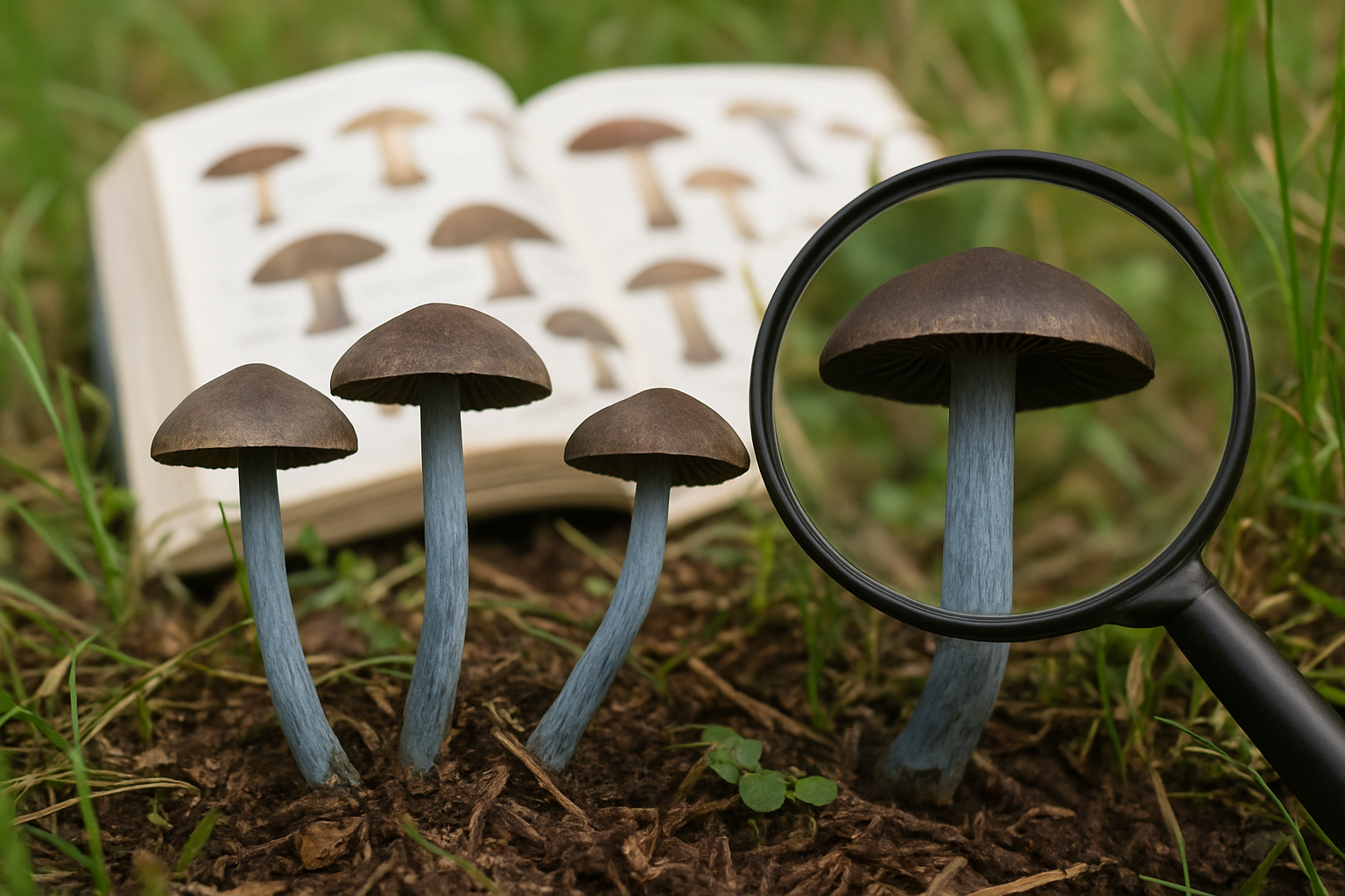 Create A Realistic Image Of A Close-Up View Of Copelandia Cyanescens Mushrooms Growing Naturally In Their Habitat With A Magnifying Glass Positioned Nearby For Detailed Examination, Showing The Distinctive Blue-Bruising Stems And Dark Spore Caps, Surrounded By Grass And Organic Debris In Natural Lighting, With A Field Guide Book Partially Visible In The Background Showing Mushroom Identification Charts, Captured In Soft Daylight With Educational Focus On The Mushroom'S Identifying Characteristics, Absolutely No Text Should Be In The Scene.