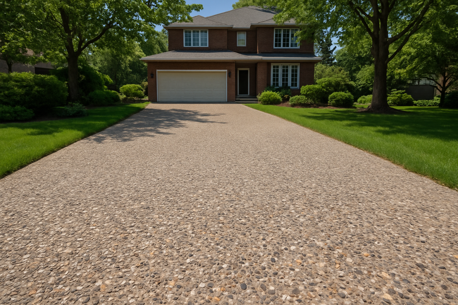 Create a realistic image of an exposed aggregate concrete driveway in a residential Markham neighborhood setting, showing the textured surface with visible small stones and pebbles embedded in the concrete, leading up to a typical Canadian suburban home with well-maintained landscaping, surrounded by mature trees and green grass borders, captured during daylight with clear natural lighting that highlights the driveway's distinctive aggregate texture and pattern, absolutely NO text should be in the scene.