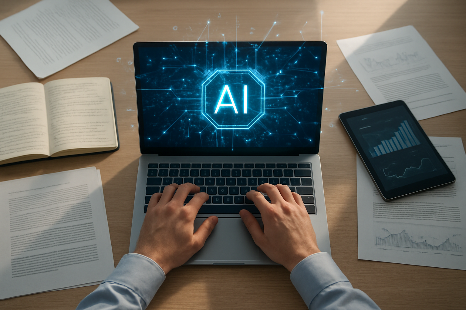 Create a realistic image of a modern workspace viewed from above showing a sleek laptop computer with glowing AI interface elements on the screen, surrounded by scattered research papers, notebooks with handwritten notes, and digital tablets displaying data visualizations, with a white male professional's hands typing on the keyboard, set against a clean wooden desk surface with soft natural lighting streaming in from the side, conveying a sense of productivity and technological advancement in research and thinking, with floating holographic-style data points and connection lines subtly emerging from the laptop screen to represent AI-powered intelligence, absolutely NO text should be in the scene.