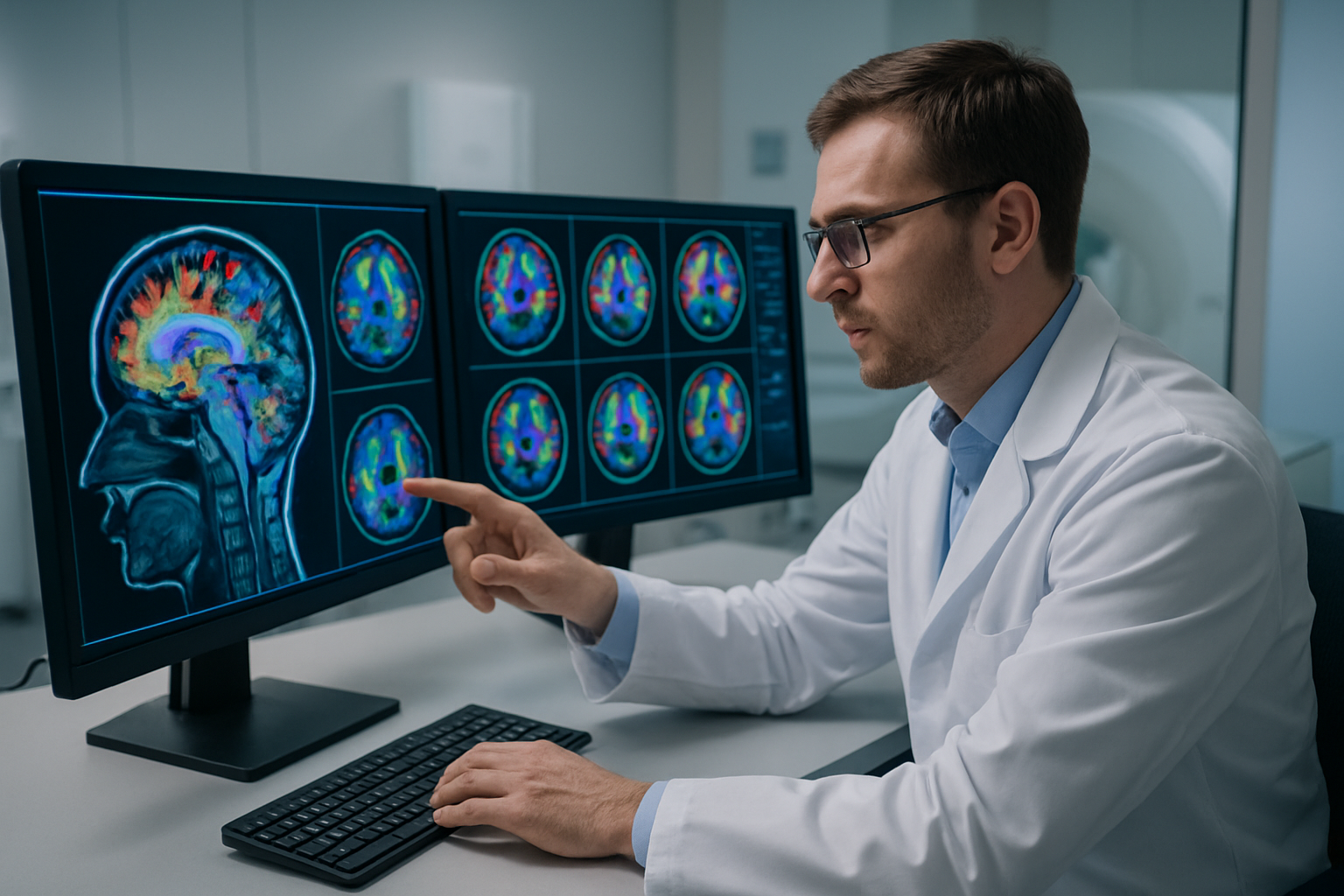 Create a realistic image of a white male radiologist in a white coat sitting at a modern medical workstation, carefully examining colorful diffusion MRI brain scans displayed on multiple high-resolution monitors, with detailed brain imagery showing diffusion tensor imaging patterns in various colors representing different neural pathways, professional medical office setting with soft clinical lighting, the doctor pointing at specific areas of the brain scans while reviewing results, clean modern medical environment with additional brain imaging equipment visible in the background, absolutely NO text should be in the scene.