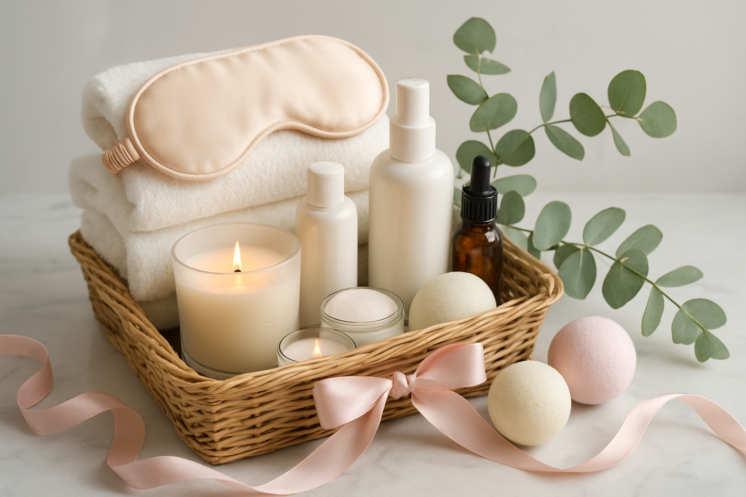 Create a realistic image of an elegant spa gift basket arrangement featuring luxurious self-care items including scented candles, essential oil bottles, fluffy white towels, bath bombs, a silk eye mask, premium skincare products, and fresh eucalyptus sprigs, beautifully arranged on a clean white marble surface with soft natural lighting and subtle Easter-themed touches like pastel ribbon accents, creating a serene and indulgent atmosphere that conveys relaxation and pampering, absolutely NO text should be in the scene.