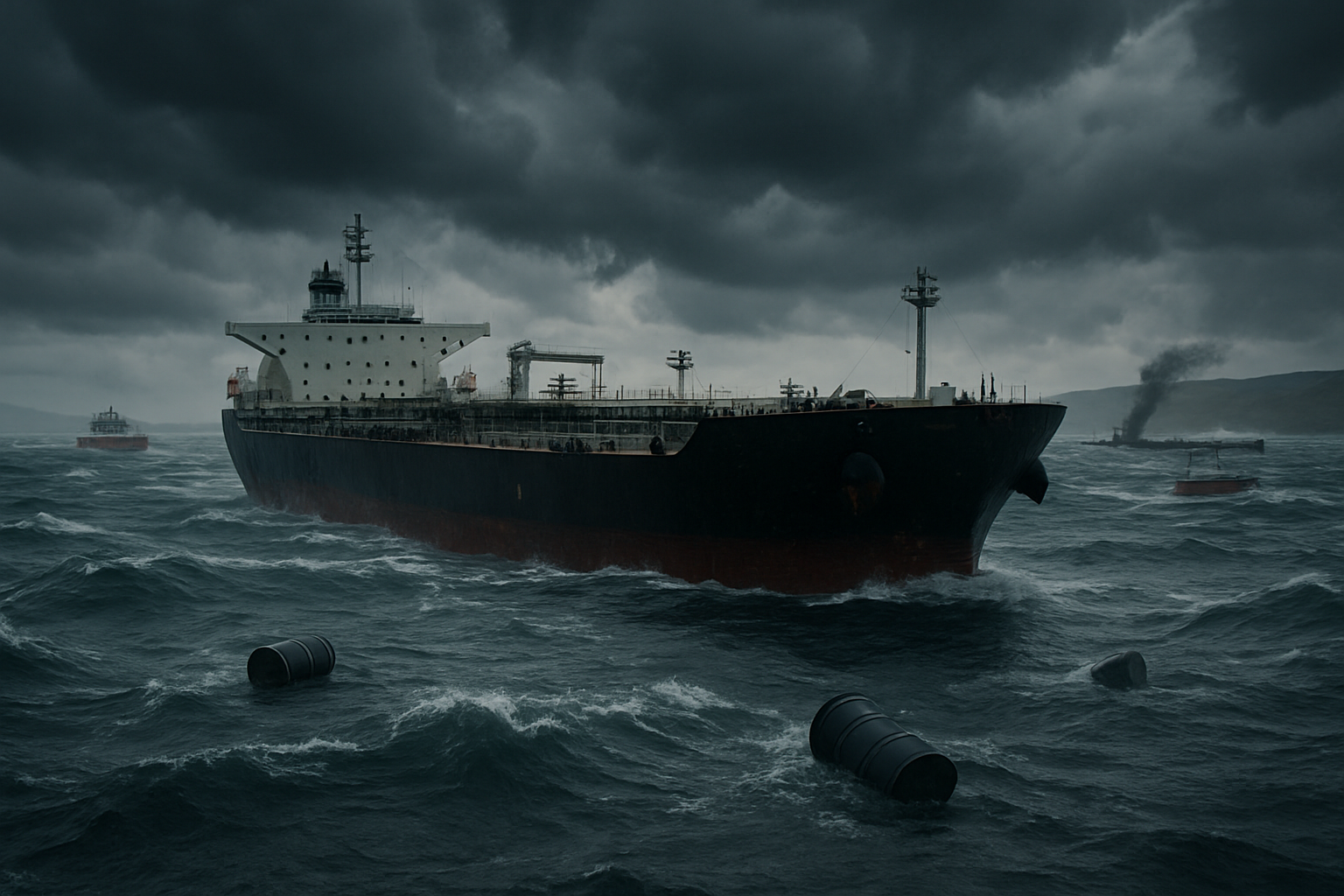 Create a realistic image of a large oil tanker ship navigating through rough ocean waters with dark storm clouds overhead, showing visible damage to critical infrastructure including a partially destroyed oil pipeline on a distant shore, scattered oil barrels floating in the water, and emergency response vessels in the background, all under dramatic overcast lighting that conveys urgency and vulnerability in the supply chain, absolutely NO text should be in the scene.