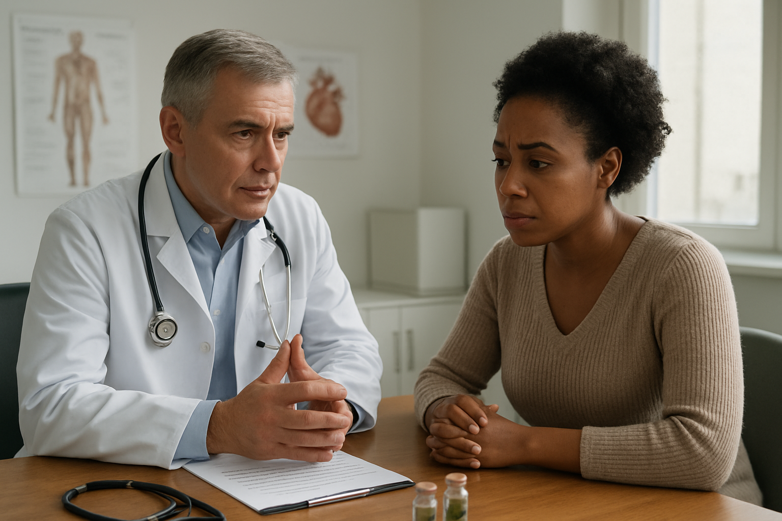 Create a realistic image of a medical consultation scene with a middle-aged white male doctor in a white coat sitting across from a concerned-looking black female patient at a wooden desk in a clean, modern medical office, with medical charts, a stethoscope, and small glass vials containing plant materials visible on the desk, soft natural lighting coming through a window, creating a serious and professional atmosphere focused on discussing treatment risks and safety protocols, absolutely NO text should be in the scene.