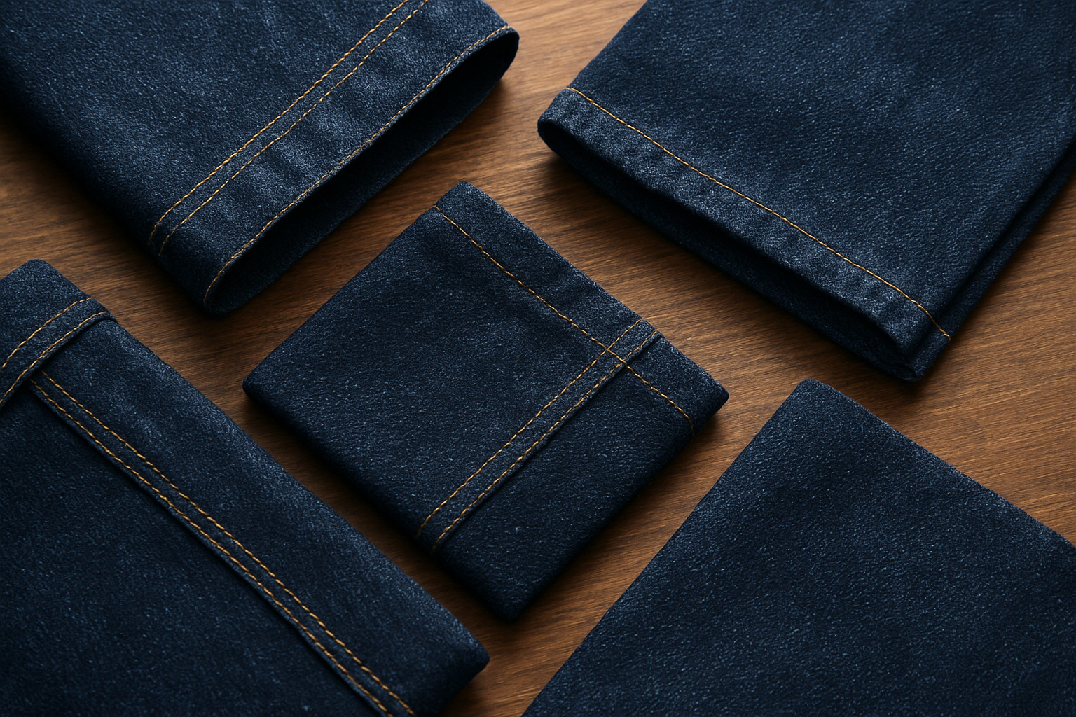 Create a realistic image of high-quality denim fabric samples arranged on a wooden surface, showing close-up details of reinforced stitching, heavy-duty seams, and premium cotton weave texture, with some fabric pieces folded to display thickness and durability, soft natural lighting from above highlighting the rich indigo color and fabric grain, professional product photography style background. Absolutely NO text should be in the scene.
