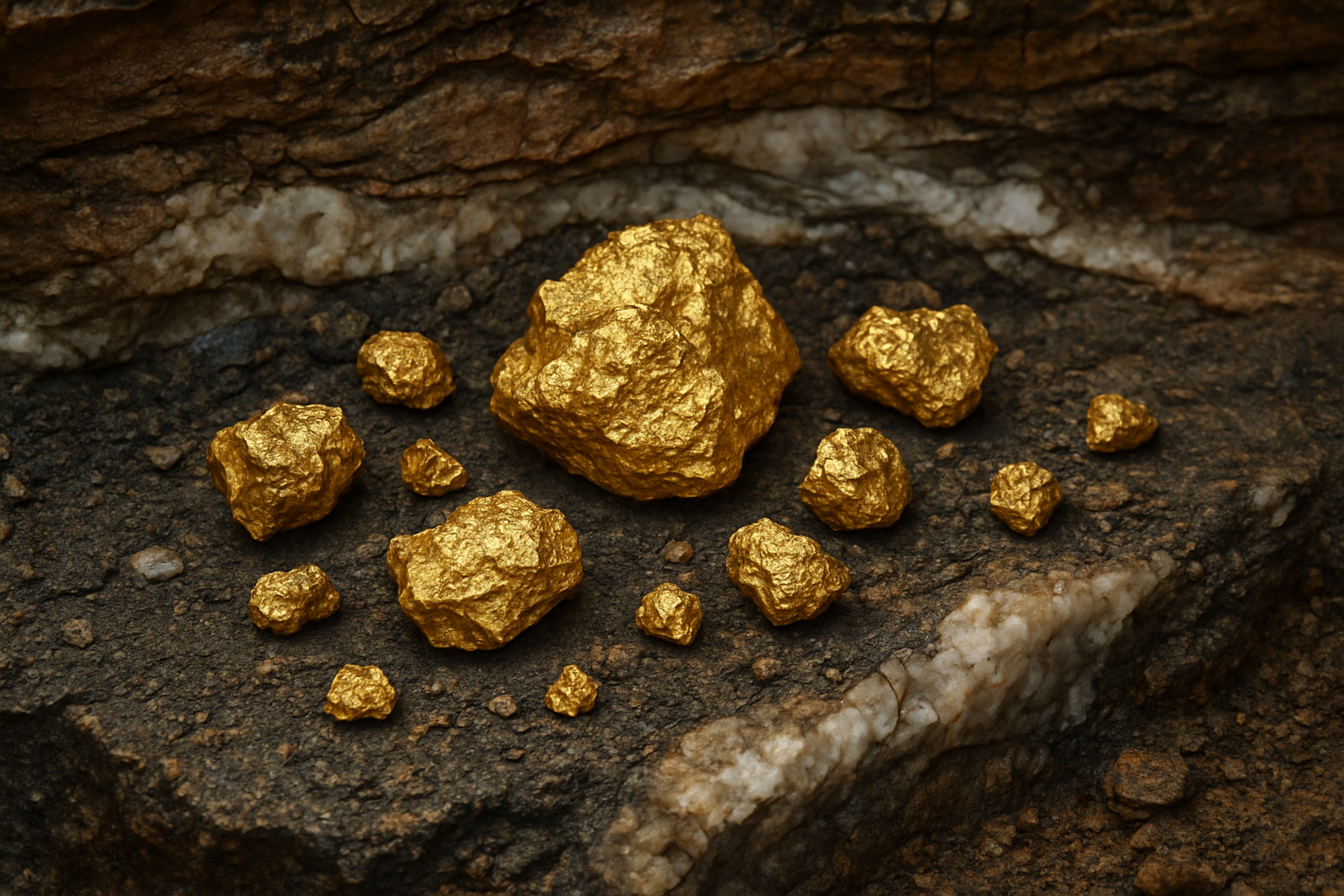 Create a realistic image of natural gold nuggets in various sizes scattered on dark rocky sediment and quartz formations, showing the raw crystalline structure and golden metallic luster of unprocessed gold, with geological cross-section layers visible in the background revealing how gold forms in underground rock veins, soft natural lighting highlighting the texture and authentic appearance of the precious metal specimens, earthy mineral backdrop with exposed rock strata. Absolutely NO text should be in the scene.
