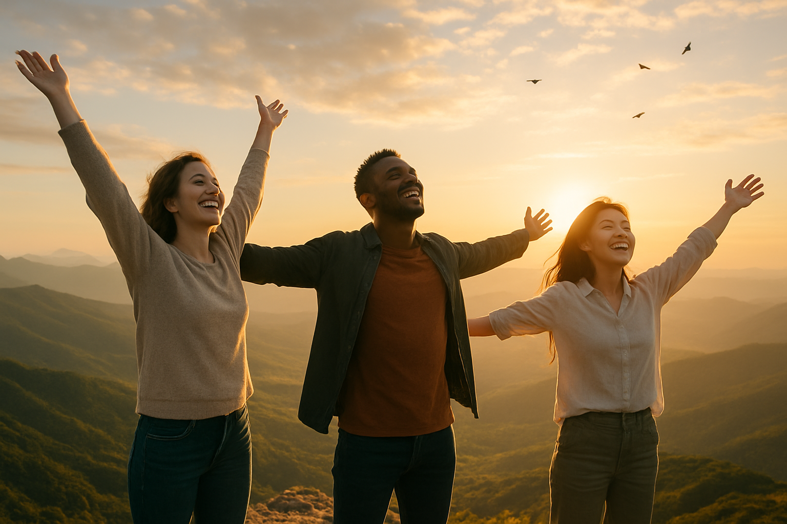 Create a realistic image of a diverse group of three people - a white female, a black male, and an Asian female - standing on a mountaintop with their arms stretched wide towards a golden sunrise, expressing joy and liberation, surrounded by vast open sky with soft clouds, birds flying freely in the distance, gentle warm lighting casting long shadows, peaceful and uplifting atmosphere conveying emotional release and mental clarity, lush green valleys visible below, light breeze suggested by flowing hair and clothing, absolutely NO text should be in the scene.
