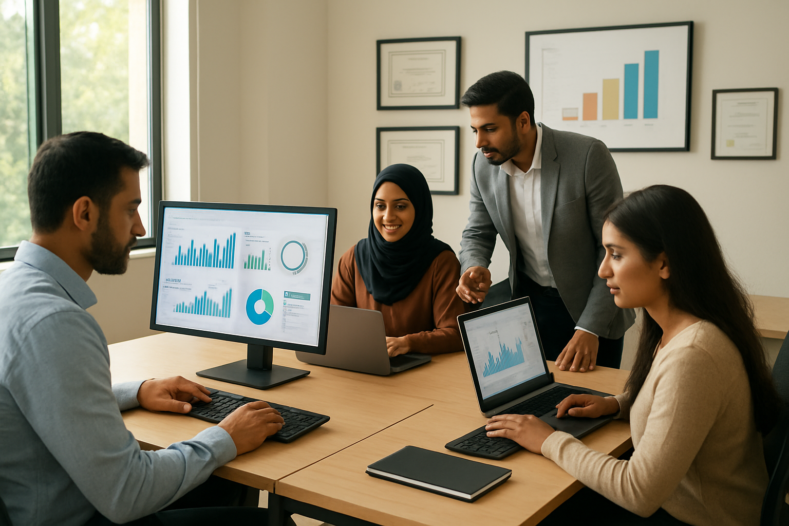 Create a realistic image of a modern office workspace in Pakistan with diverse professionals including South Asian male and female marketing specialists working at computers with digital analytics dashboards visible on screens, surrounded by career development materials like certificates and skill charts on the walls, bright natural lighting from large windows, contemporary furniture, and a collaborative atmosphere showing people engaged in strategic planning and data analysis activities, Absolutely NO text should be in the scene.