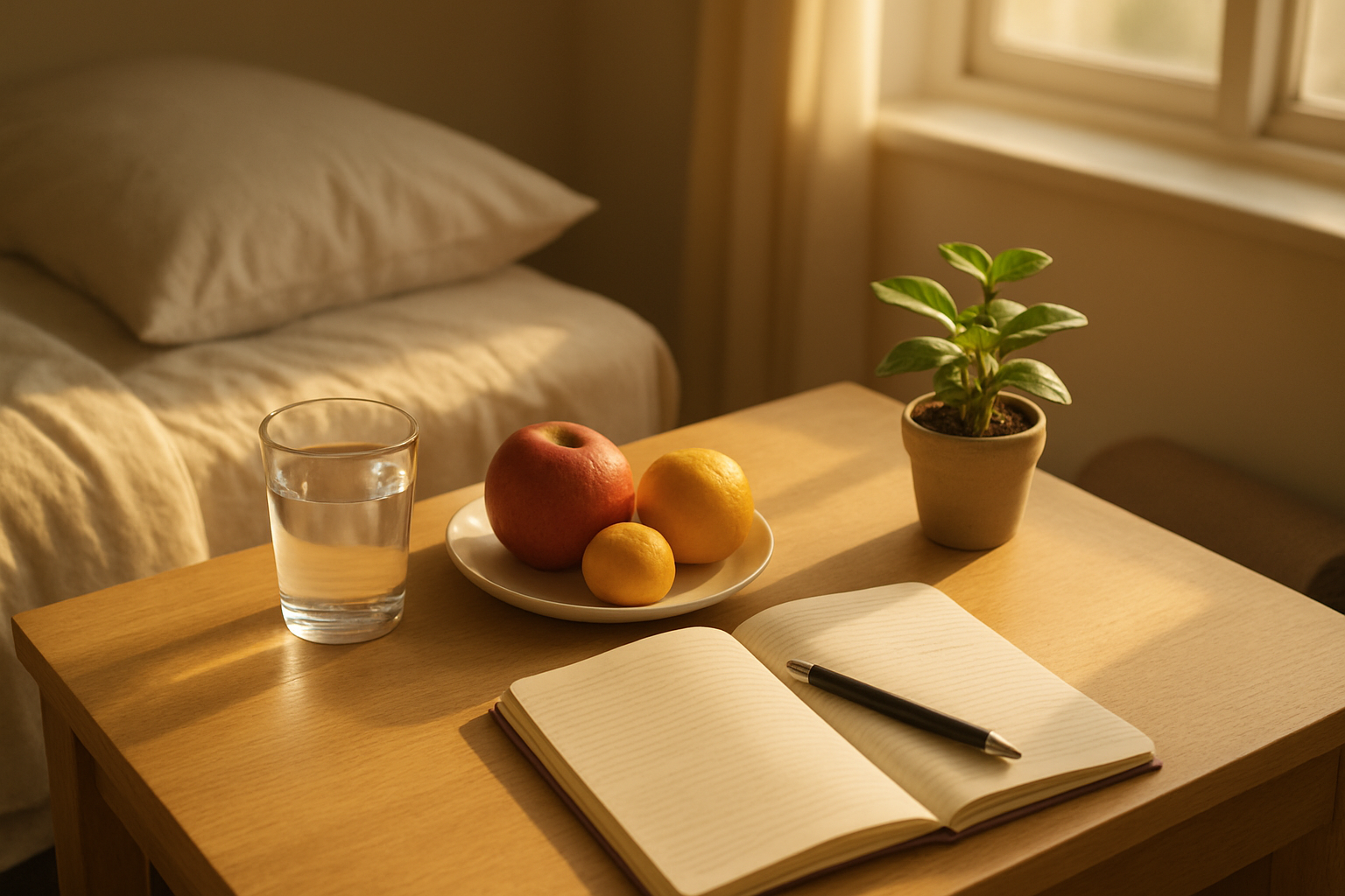 Create a realistic image of a serene morning scene featuring a neatly organized bedside table with a glass of water, fresh fruit, a small potted plant, and an open journal with a pen beside it, soft golden sunlight streaming through a nearby window casting warm shadows, a yoga mat partially visible in the background, and a peaceful, motivating atmosphere that conveys the start of a productive day, shot from a slightly elevated angle with natural lighting, absolutely NO text should be in the scene.