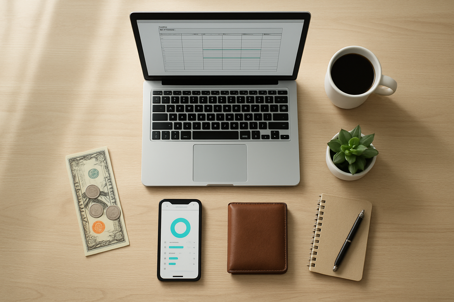 Create a realistic image of a clean, organized desk surface from above showing a peaceful financial planning scene with a laptop displaying a simple budget spreadsheet, a smartphone with a budgeting app interface, a small potted succulent plant, a white coffee mug, some coins and bills neatly arranged, a leather wallet, and a small notebook with a pen beside it, all arranged on a light wood desk surface with soft natural lighting from a window creating gentle shadows, conveying a sense of calm accomplishment and financial organization, absolutely NO text should be in the scene.