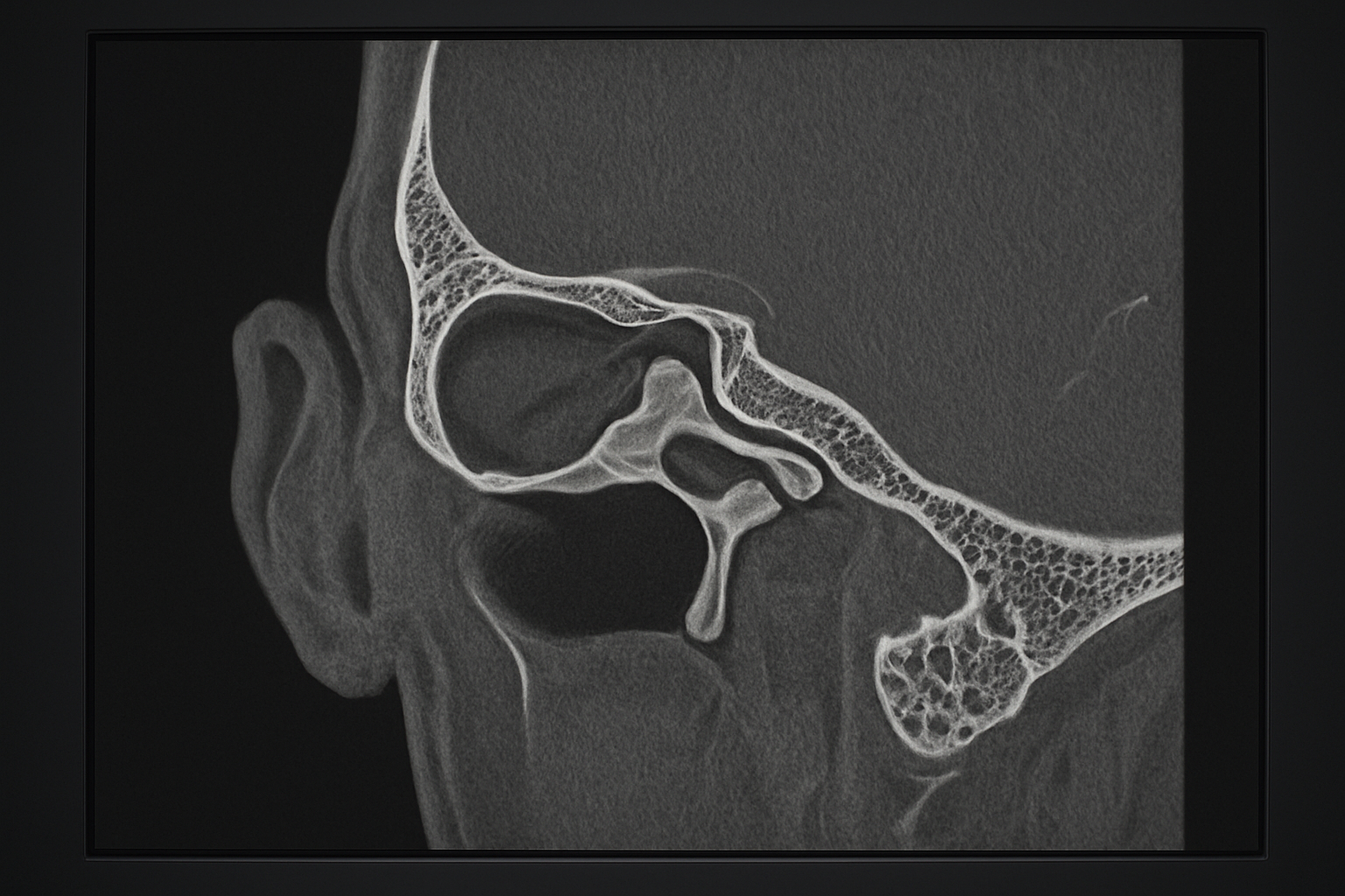 Create a realistic image of a high-resolution CT scan cross-section showing detailed anatomical structures of the external and middle ear, featuring the ear canal, tympanic membrane, ossicles (malleus, incus, stapes), mastoid air cells, and temporal bone in grayscale medical imaging style with precise anatomical detail and clinical lighting typical of HRCT scans, displayed on a dark medical monitor background. Absolutely NO text should be in the scene.