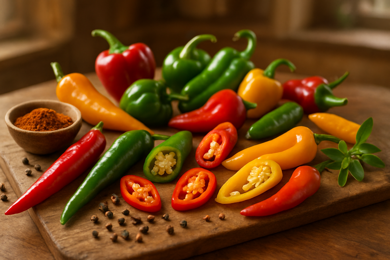 Create a realistic image of a vibrant collection of fresh chili peppers in various shapes, sizes, and colors including red, green, yellow, and orange varieties arranged on a rustic wooden cutting board, with some peppers whole and others sliced to show cross-sections revealing seeds, accompanied by a small bowl of chili powder, scattered peppercorns, and fresh herbs, set against a warm kitchen background with soft natural lighting from a window, creating an inviting culinary atmosphere that represents the comprehensive knowledge and practical applications of chili peppers, absolutely NO text should be in the scene.