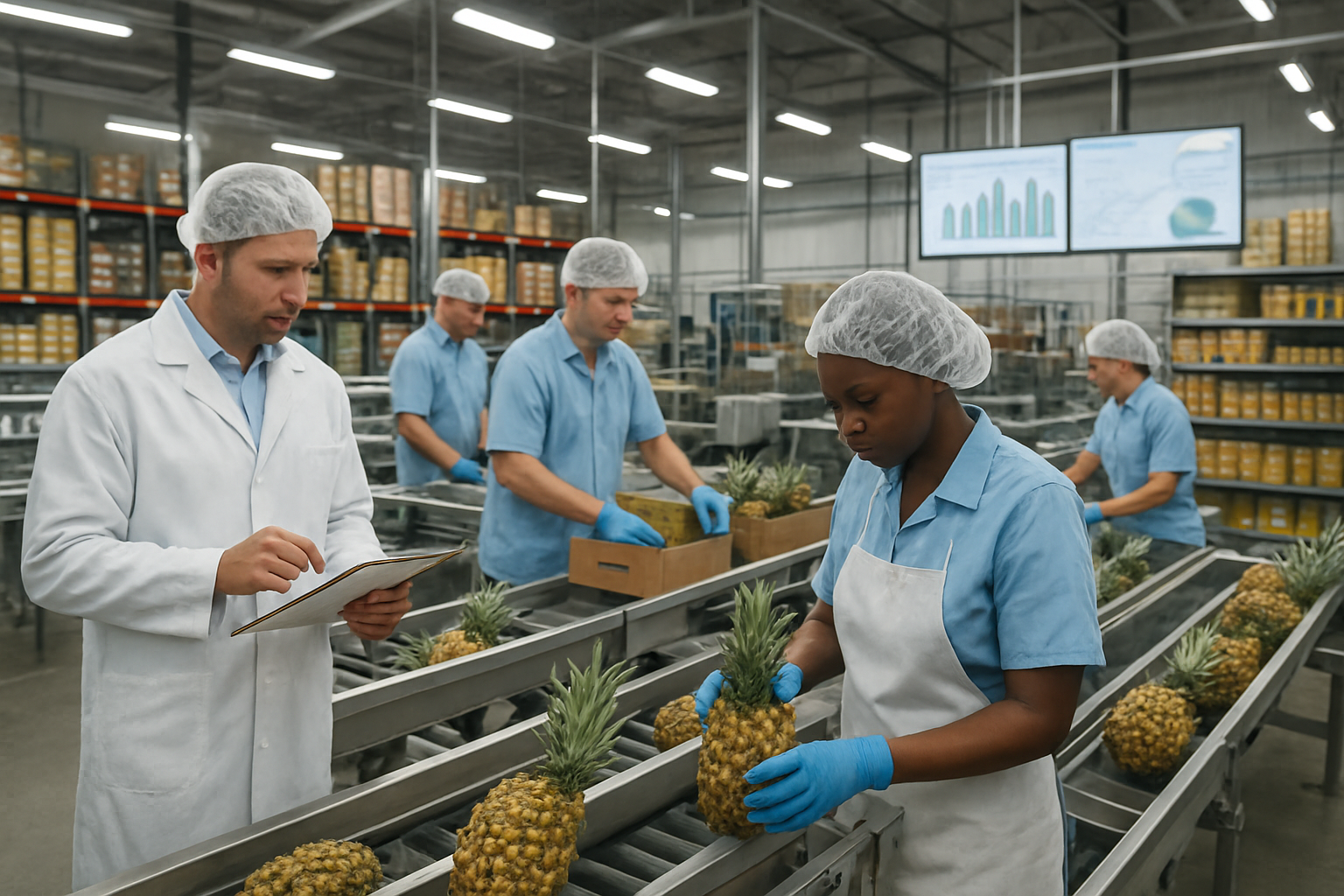 Create a realistic image of a bustling commercial pineapple processing facility with workers in uniforms operating modern machinery, fresh pineapples on conveyor belts being sorted and packaged, stacks of pineapple products including canned goods and juice containers on industrial shelves, a white male supervisor checking quality control charts, and a black female worker inspecting pineapples, with bright industrial lighting illuminating the clean production floor and economic charts or graphs visible on wall displays showing market data, absolutely NO text should be in the scene.