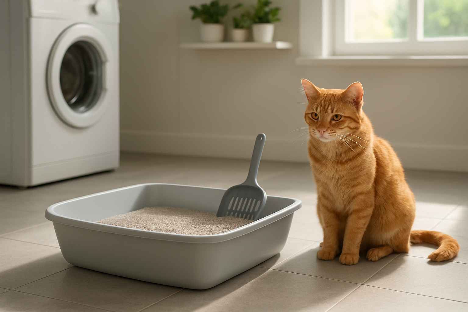 Create a realistic image of a clean, modern litter box with fresh, clumping cat litter inside, placed on a clean tile floor in a bright, well-ventilated laundry room or bathroom setting, with a content orange tabby cat sitting peacefully nearby, natural daylight streaming through a window creating soft shadows, small houseplants on a shelf in the background, a litter scoop resting against the box, emphasizing cleanliness and freshness with a calm, hygienic atmosphere, absolutely NO text should be in the scene.
