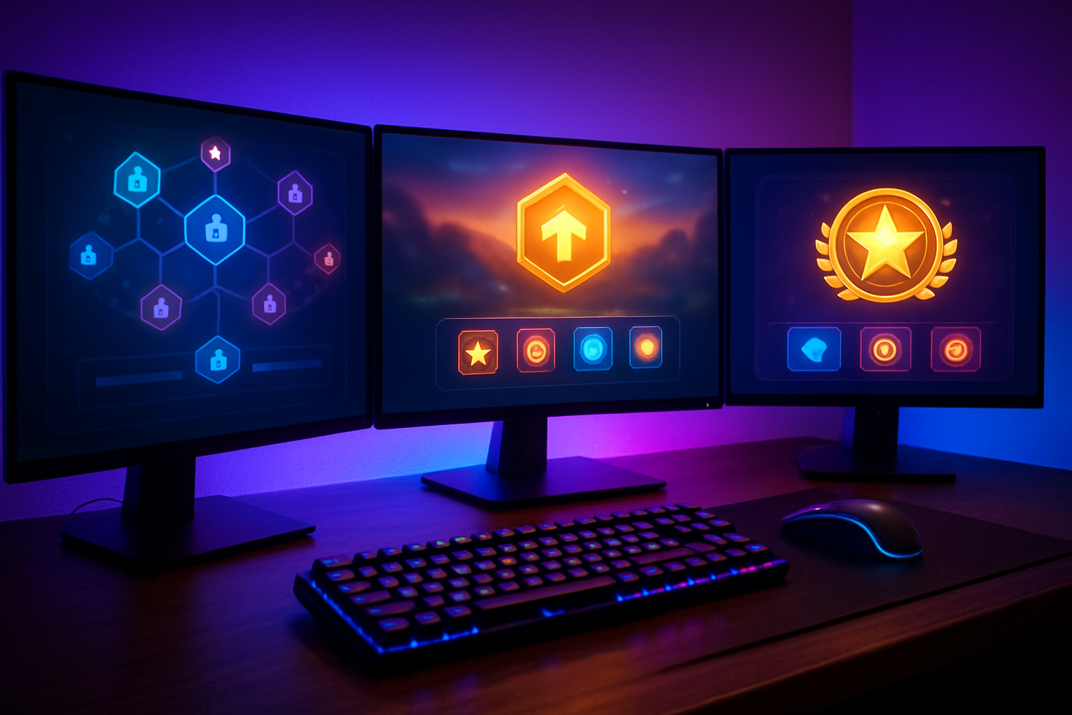 Create a realistic image of a gaming setup showing multiple computer monitors displaying colorful progression screens with level-up notifications, achievement badges, and reward systems from various online games, with gaming peripherals like mechanical keyboard and gaming mouse on a dark wooden desk, ambient RGB lighting creating a purple and blue glow, close-up view focusing on the screens showing skill trees and unlockable content, modern gaming environment atmosphere, absolutely NO text should be in the scene.
