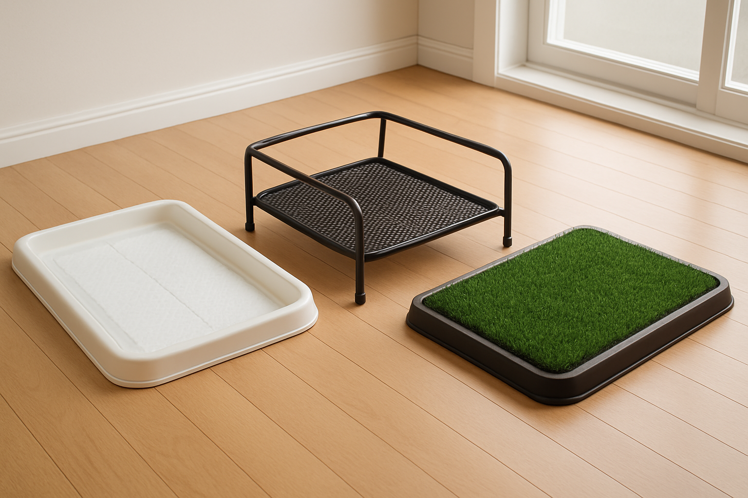 Create a realistic image of a side-by-side comparison of three different pee pad holders and training systems on a clean wooden floor, featuring a basic plastic tray holder with white pee pad, a raised metal frame system with mesh bottom, and an artificial grass pad training system, with natural lighting from a nearby window, clean indoor home environment, absolutely NO text should be in the scene.