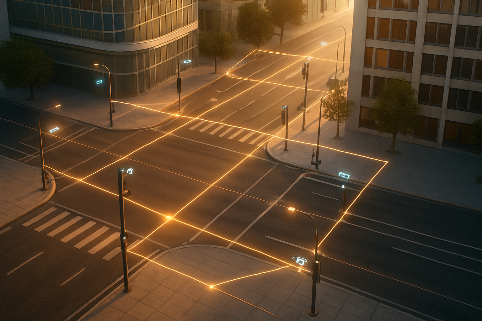 Create a realistic image of a modern smart city intersection viewed from above showing connected devices and IoT sensors integrated into streetlights, traffic signals, and buildings, with subtle glowing data flow lines connecting various edge computing nodes, set against a clean urban environment with sleek architecture, captured during golden hour lighting that creates warm ambient illumination, emphasizing the seamless integration of technology into everyday infrastructure where data processing happens locally at each connected point, absolutely NO text should be in the scene.