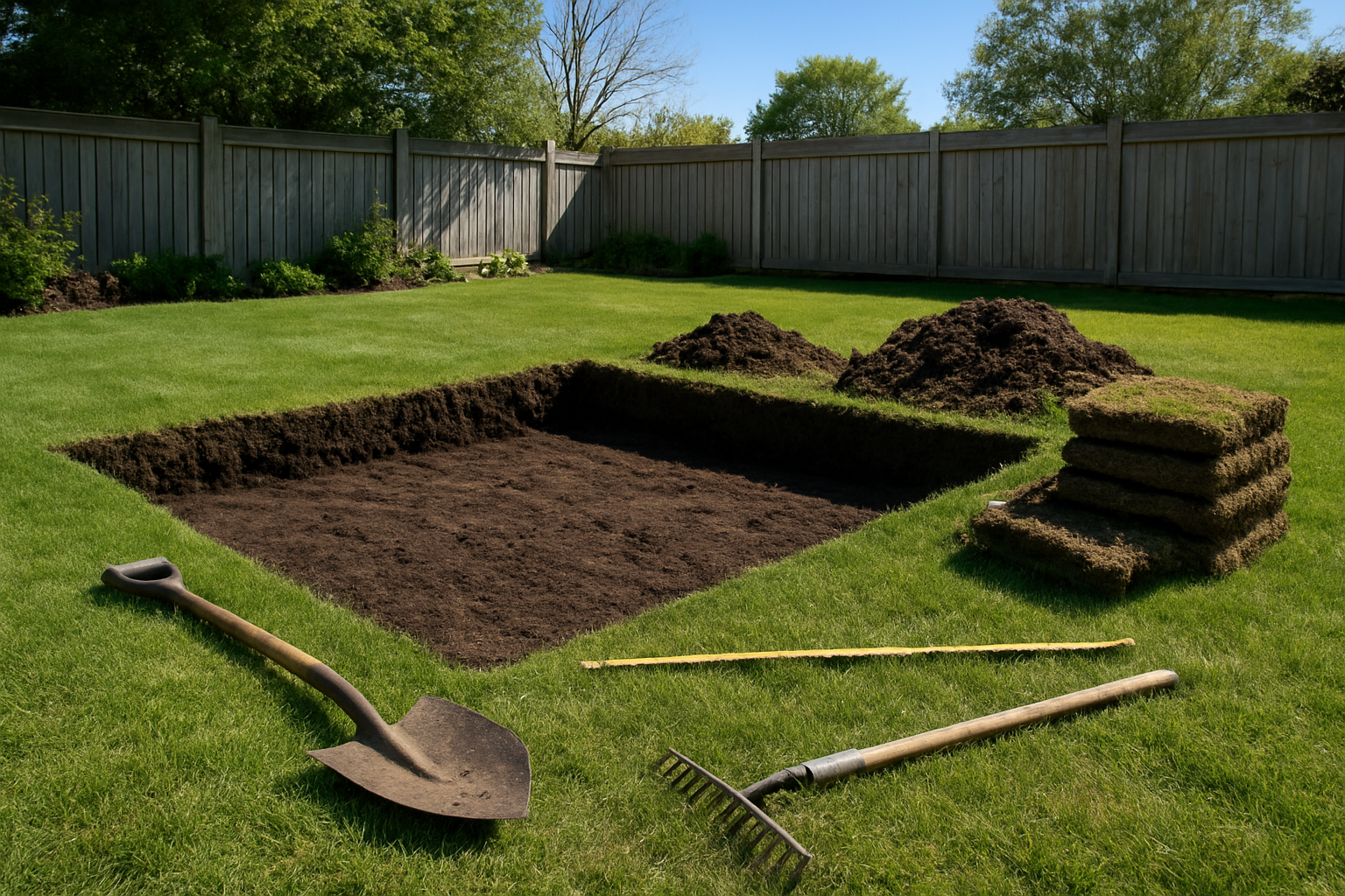 Create a realistic image of a backyard construction scene showing freshly excavated rectangular ground area with dark soil exposed, a shovel and rake lying nearby on grass, small piles of removed dirt and sod stacked to the side, measuring tape stretched across the dig site, bright natural daylight with clear sky overhead, well-maintained residential backyard with fence visible in background, absolutely NO text should be in the scene.