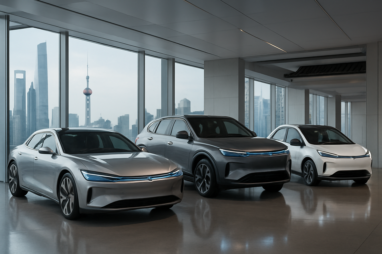 Create a realistic image of modern Chinese electric vehicles on display in a sleek automotive showroom with glass walls overlooking a bustling international cityscape, featuring three different EV models in the foreground including a luxury sedan, an SUV, and a compact car, all with futuristic design elements and LED lighting accents, polished concrete floors reflecting the vehicles, contemporary minimalist interior design with clean lines, bright natural lighting streaming through large windows, subtle Chinese architectural elements integrated into the showroom design, and a professional atmosphere suggesting innovation and global expansion, absolutely NO text should be in the scene.