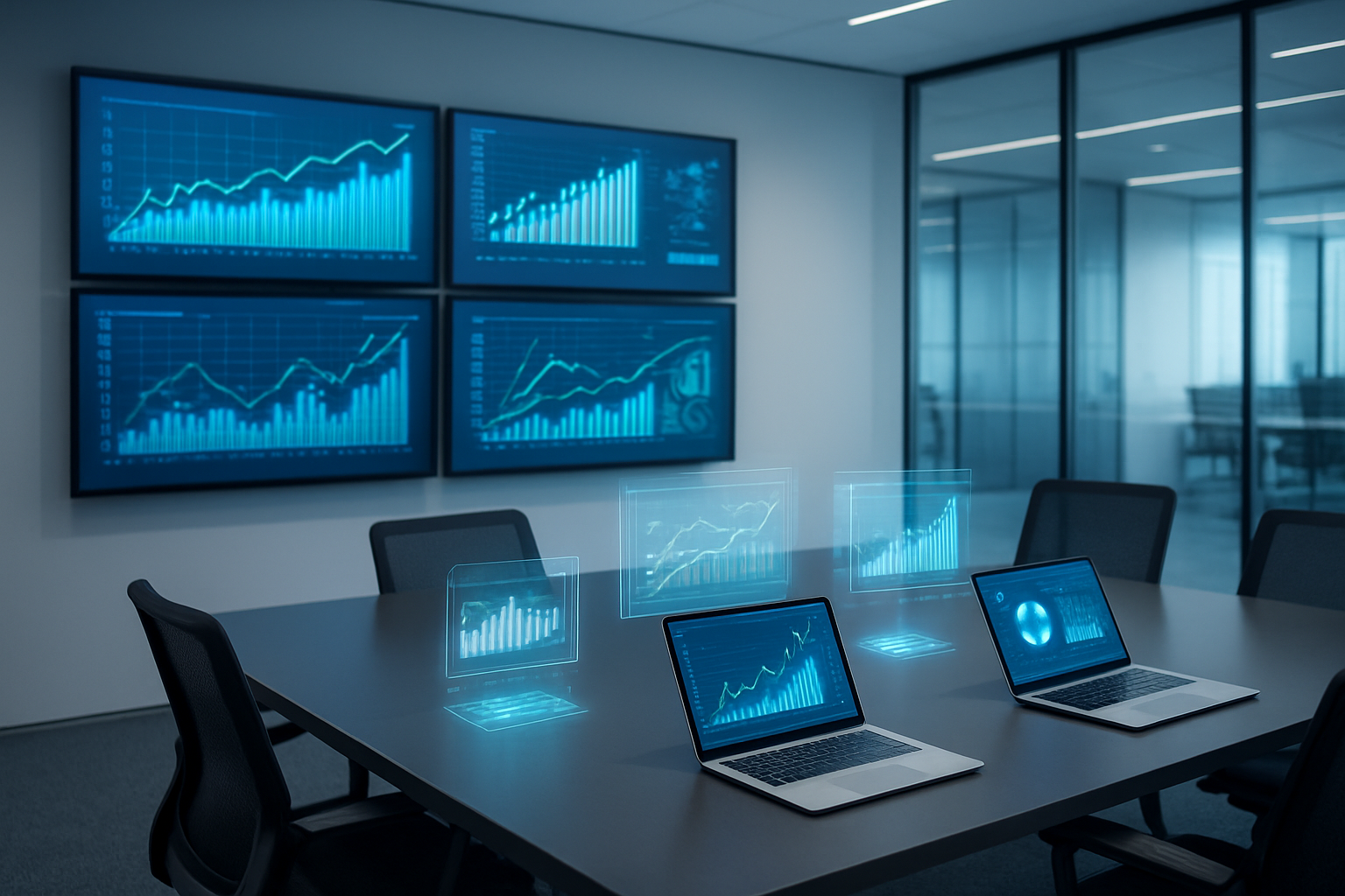 Create a realistic image of a modern corporate office environment with multiple large wall-mounted digital displays showing colorful data visualizations, graphs, and predictive analytics charts with ascending trend lines, a sleek conference table in the foreground with laptops and tablets displaying supply chain dashboards, holographic-style data projections floating above the devices, clean minimalist background with glass walls and contemporary lighting, professional atmosphere with cool blue and white color scheme, futuristic yet realistic technology integration. Absolutely NO text should be in the scene.