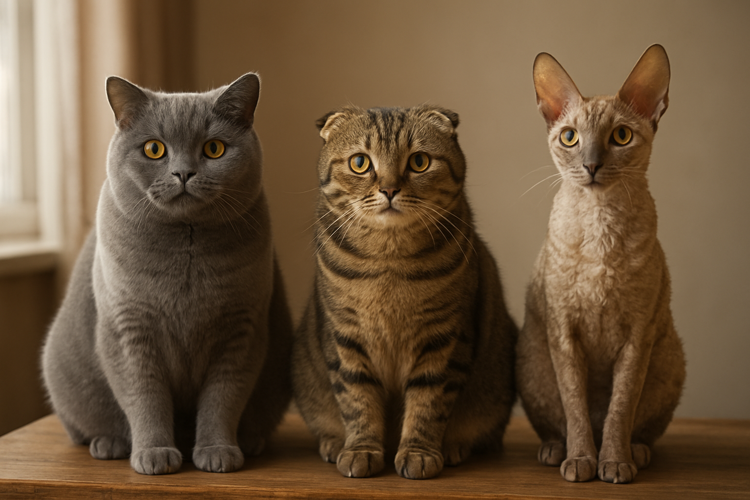 Create a realistic image of three distinctive British native cat breeds sitting elegantly side by side on a rustic wooden surface, featuring a British Shorthair with dense blue-gray fur, a Scottish Fold with characteristic folded ears and tabby markings, and a Cornish Rex with curly coat texture, set against a cozy indoor background with soft natural lighting from a nearby window, warm neutral tones throughout the scene, absolutely NO text should be in the scene.