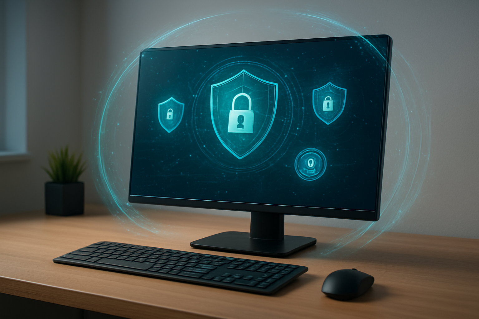 Create a realistic image of a modern desktop computer setup with a sleek monitor displaying abstract privacy shield icons and security lock symbols floating around a digital assistant interface, surrounded by ethereal blue and green digital security layers, with a subtle glow emanating from the screen, set against a clean minimalist office environment with soft ambient lighting, featuring cybersecurity elements like encrypted data streams visualized as flowing light particles, and a protective digital barrier effect around the computer system, absolutely NO text should be in the scene.