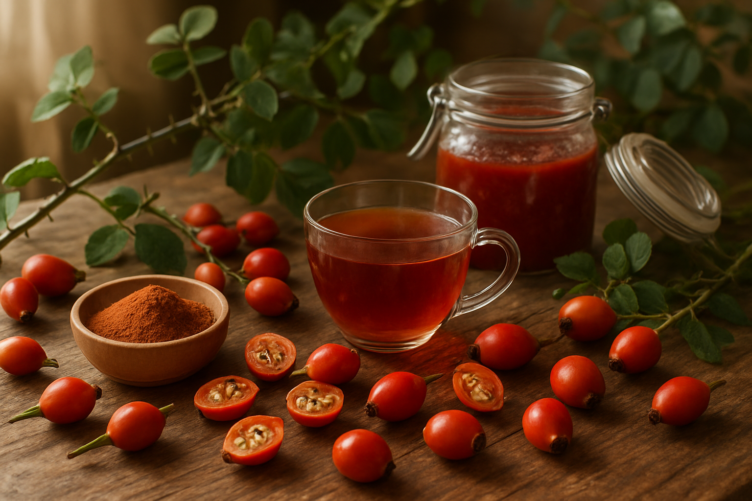 Create a realistic image of fresh rose hip fruits in various stages of ripeness scattered on a rustic wooden table, with some whole bright red-orange rose hips, others cut in half showing seeds inside, dried rose hip powder in a small wooden bowl, rose hip tea in a clear glass cup with steam rising, and fresh rose hip jam in an open glass jar, surrounded by wild rose branches with thorns and leaves, warm natural lighting from a window creating soft shadows, cozy kitchen atmosphere suggesting harvest and preparation, absolutely NO text should be in the scene.